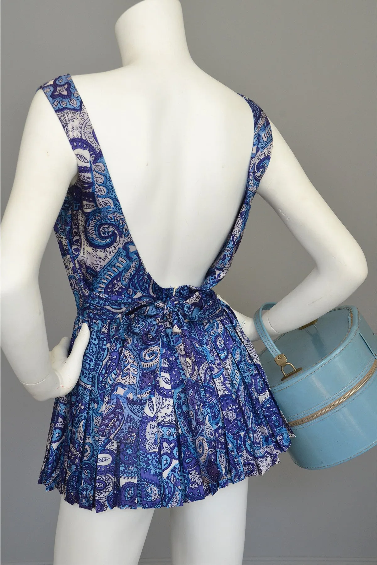 1950s Blue Paisley Vintage Pinup Romper Bathing Suit Playsuit