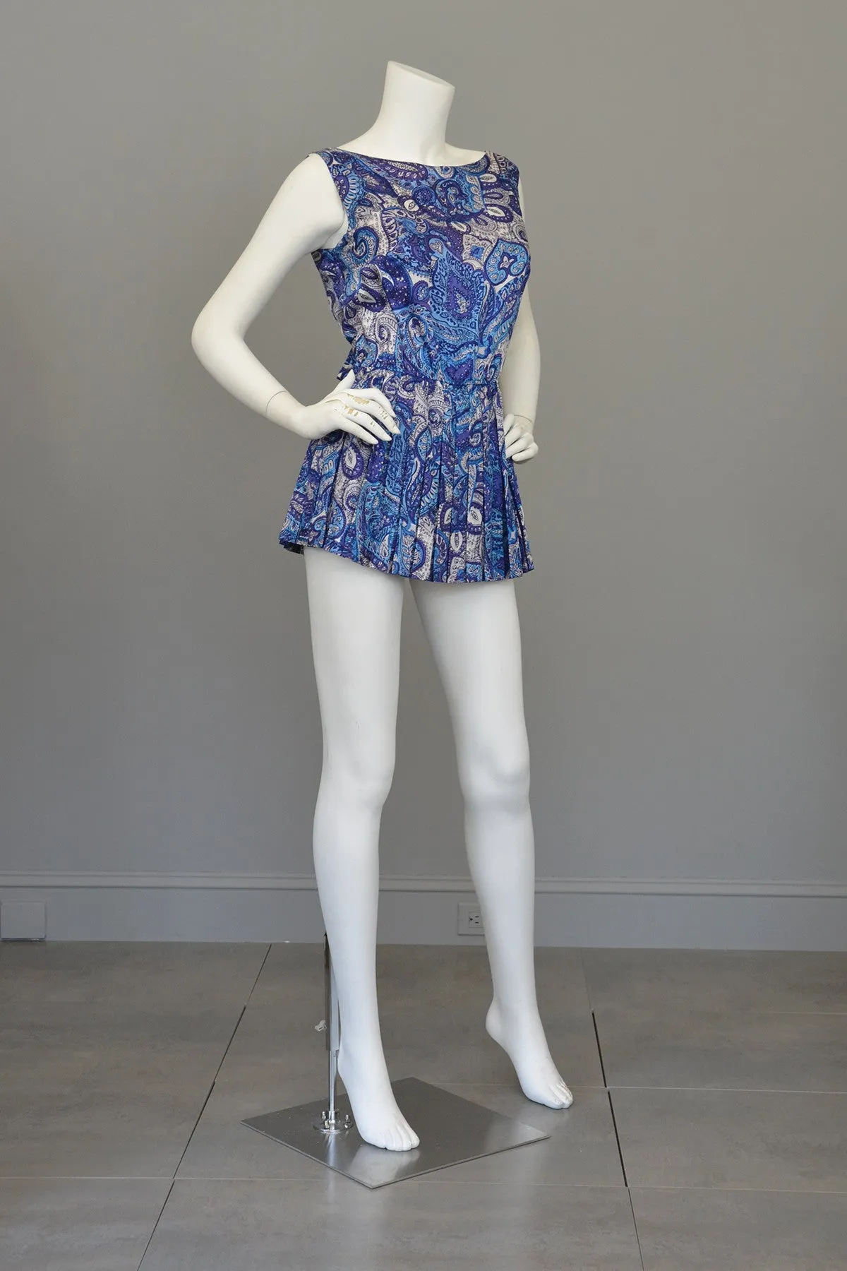 1950s Blue Paisley Vintage Pinup Romper Bathing Suit Playsuit