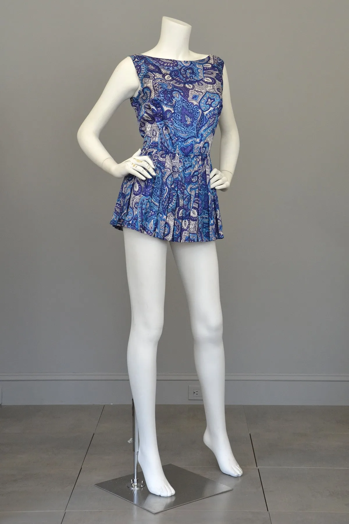 1950s Blue Paisley Vintage Pinup Romper Bathing Suit Playsuit