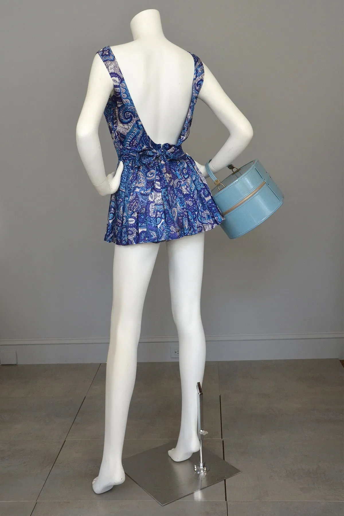 1950s Blue Paisley Vintage Pinup Romper Bathing Suit Playsuit