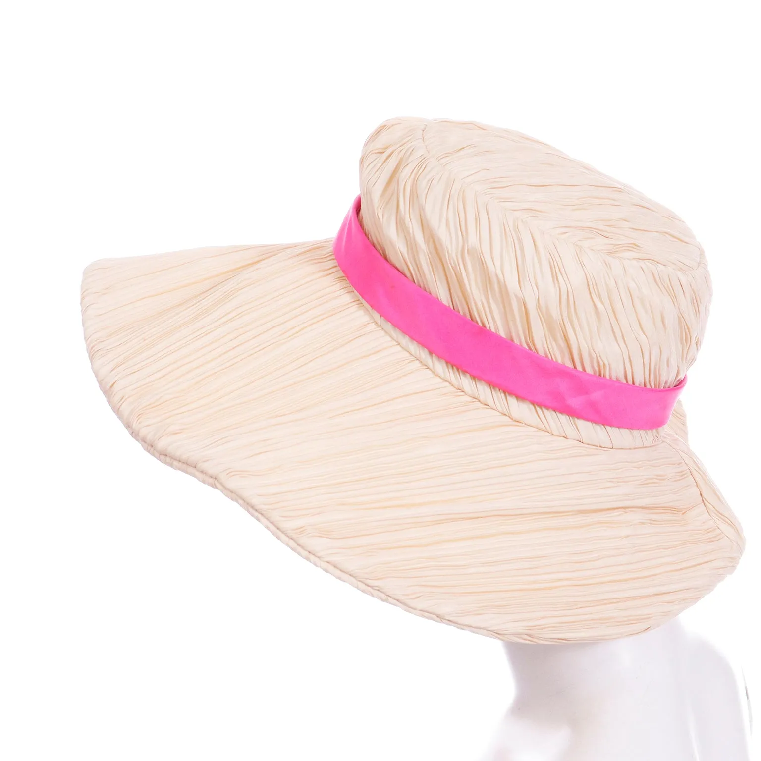 1960s Mr John Vintage Pleated Cream Floppy Hat with Pink Ribbon