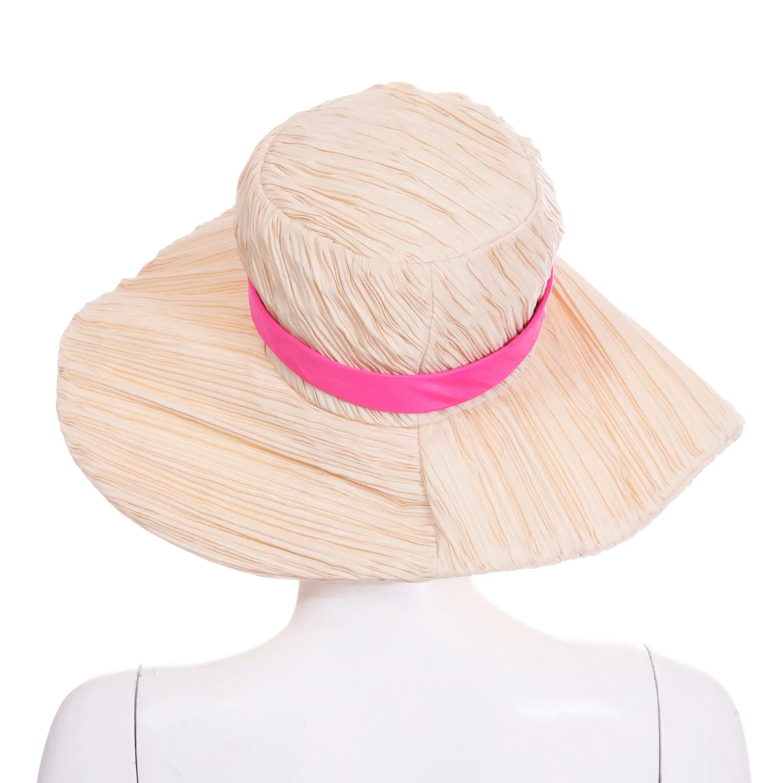 1960s Mr John Vintage Pleated Cream Floppy Hat with Pink Ribbon