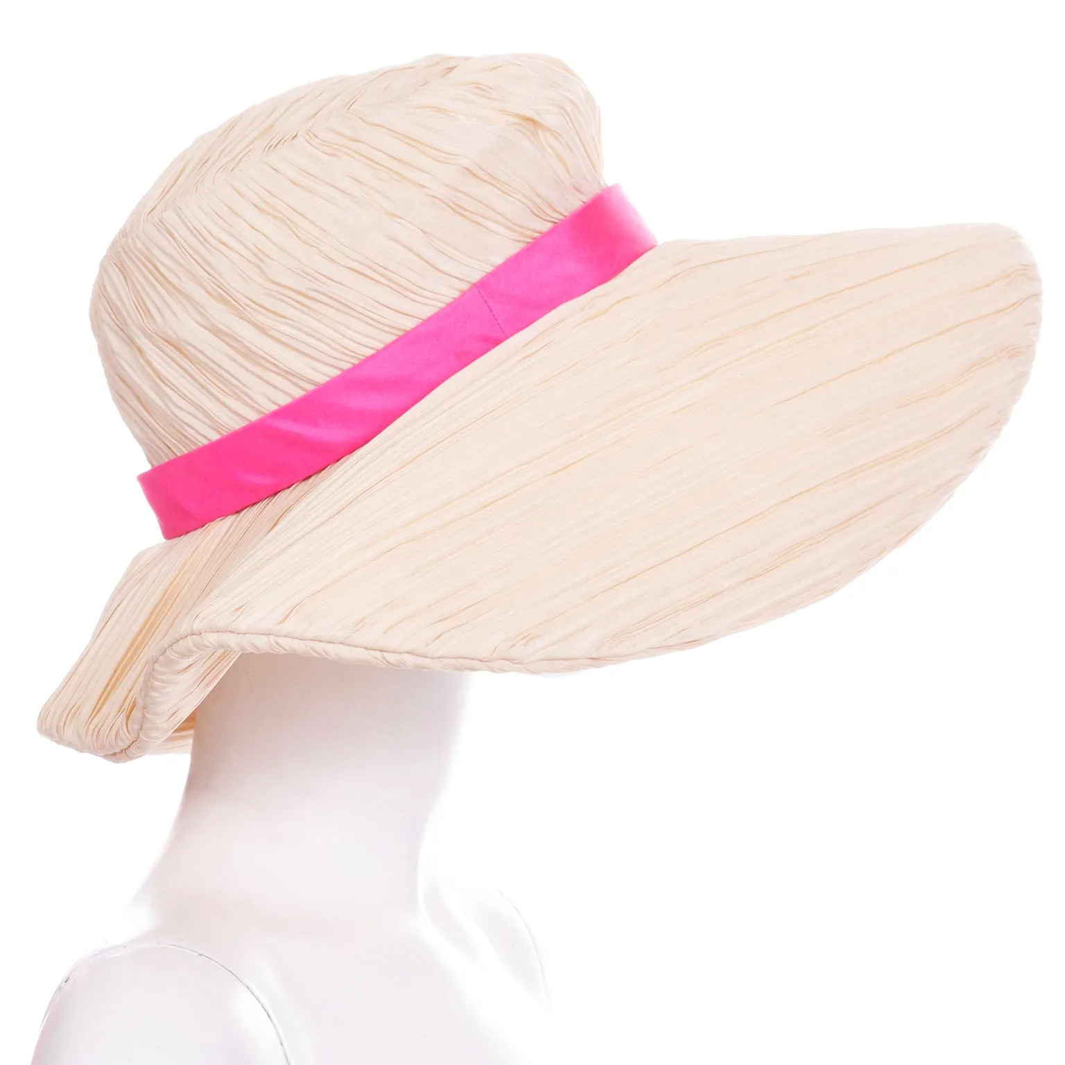 1960s Mr John Vintage Pleated Cream Floppy Hat with Pink Ribbon