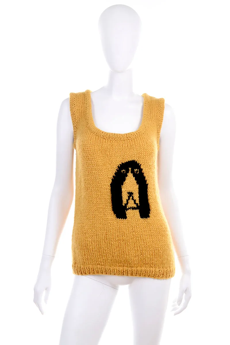 1970's Emilio Lapi Mustard Knit Novelty Dog Sweater Vest