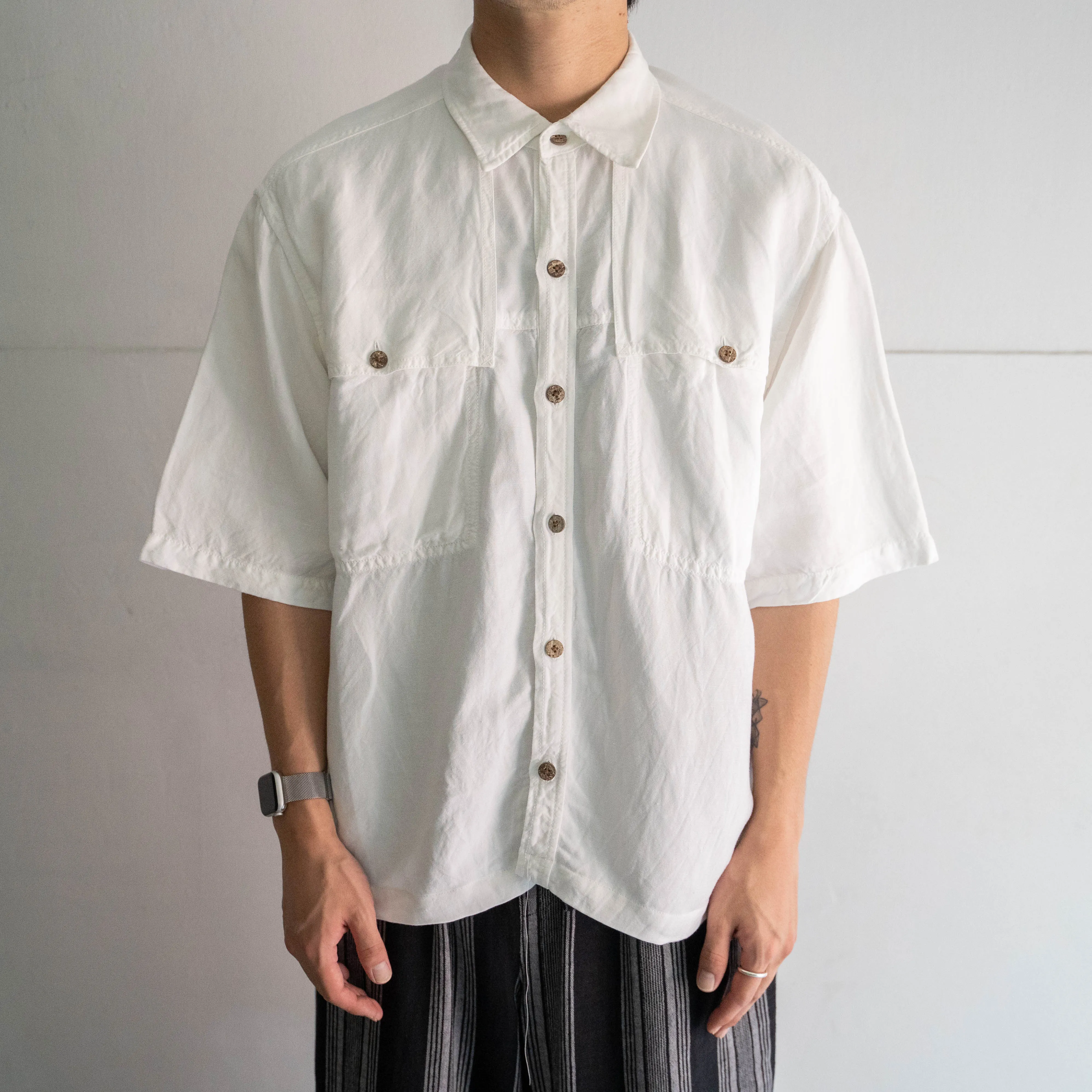 1990s white color rayon × linen short sleeve shirt 'remake' -mesh fabric switching-