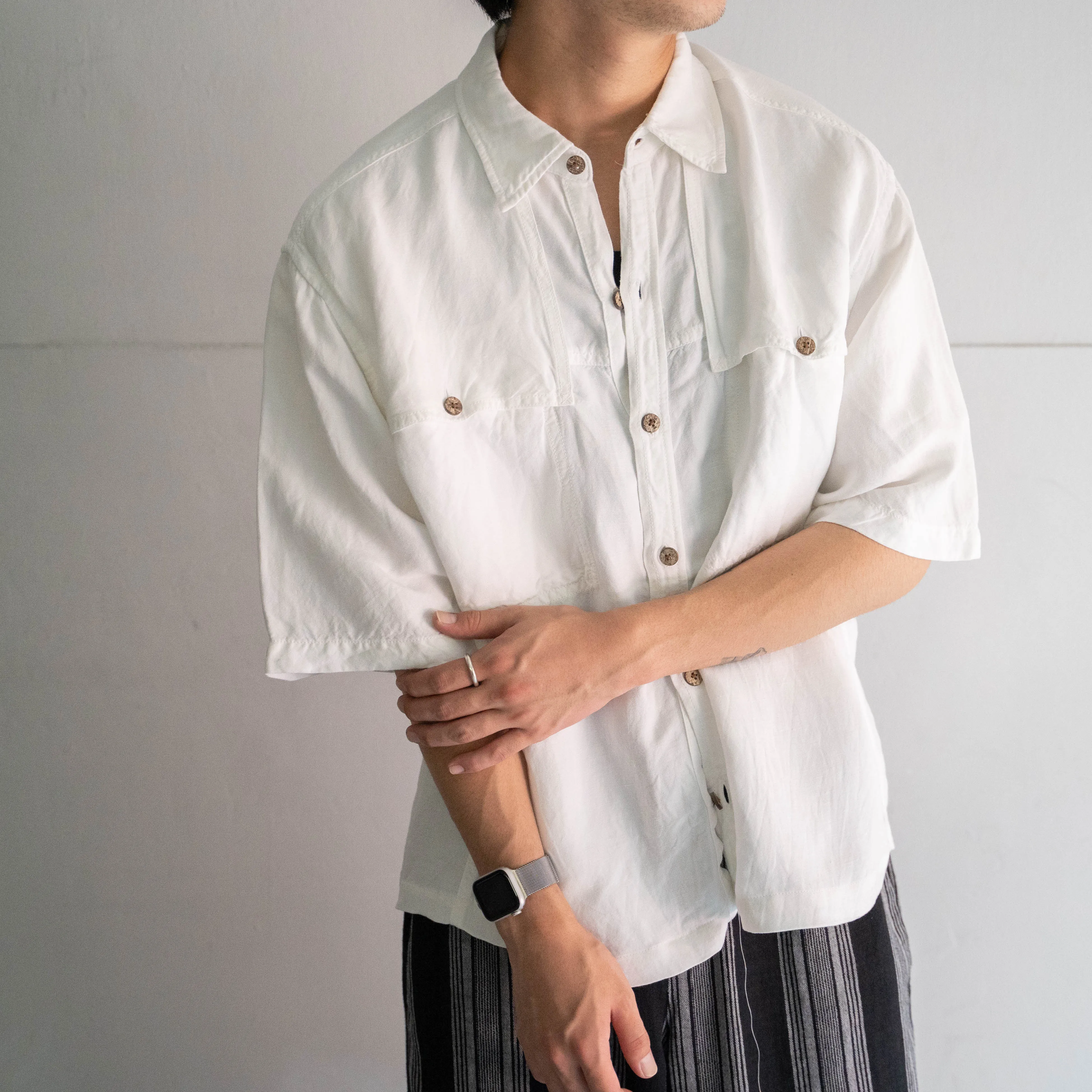 1990s white color rayon × linen short sleeve shirt 'remake' -mesh fabric switching-