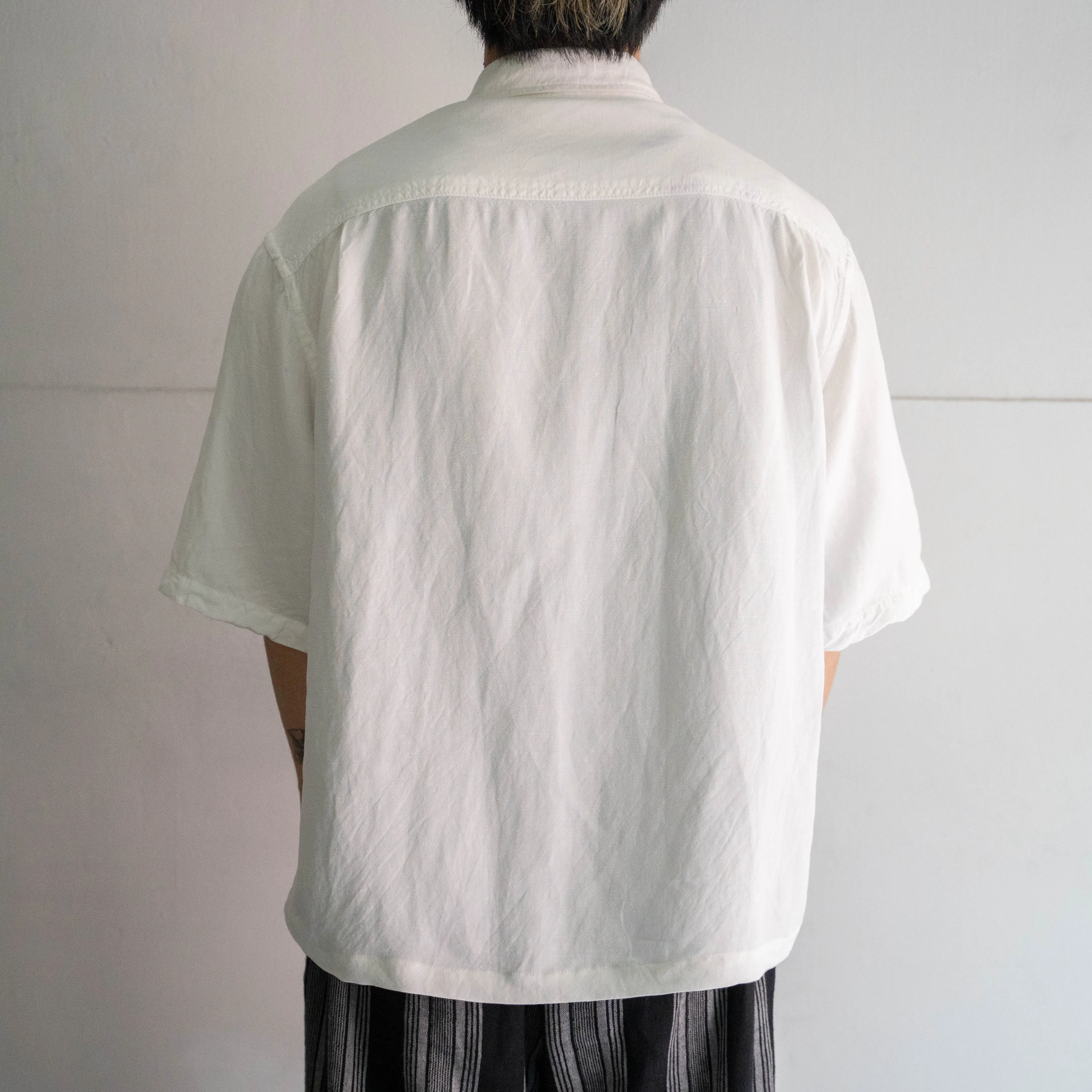 1990s white color rayon × linen short sleeve shirt 'remake' -mesh fabric switching-