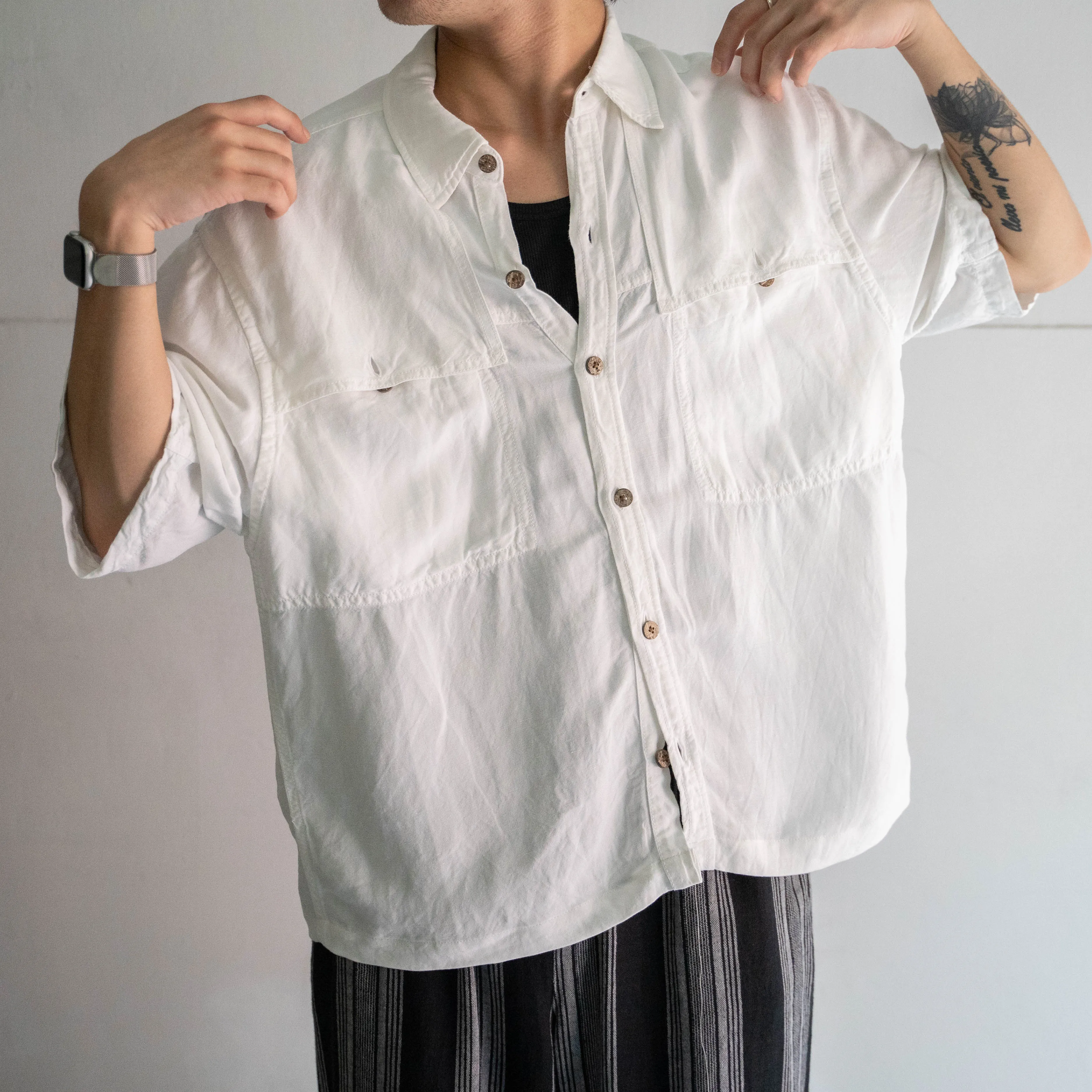 1990s white color rayon × linen short sleeve shirt 'remake' -mesh fabric switching-