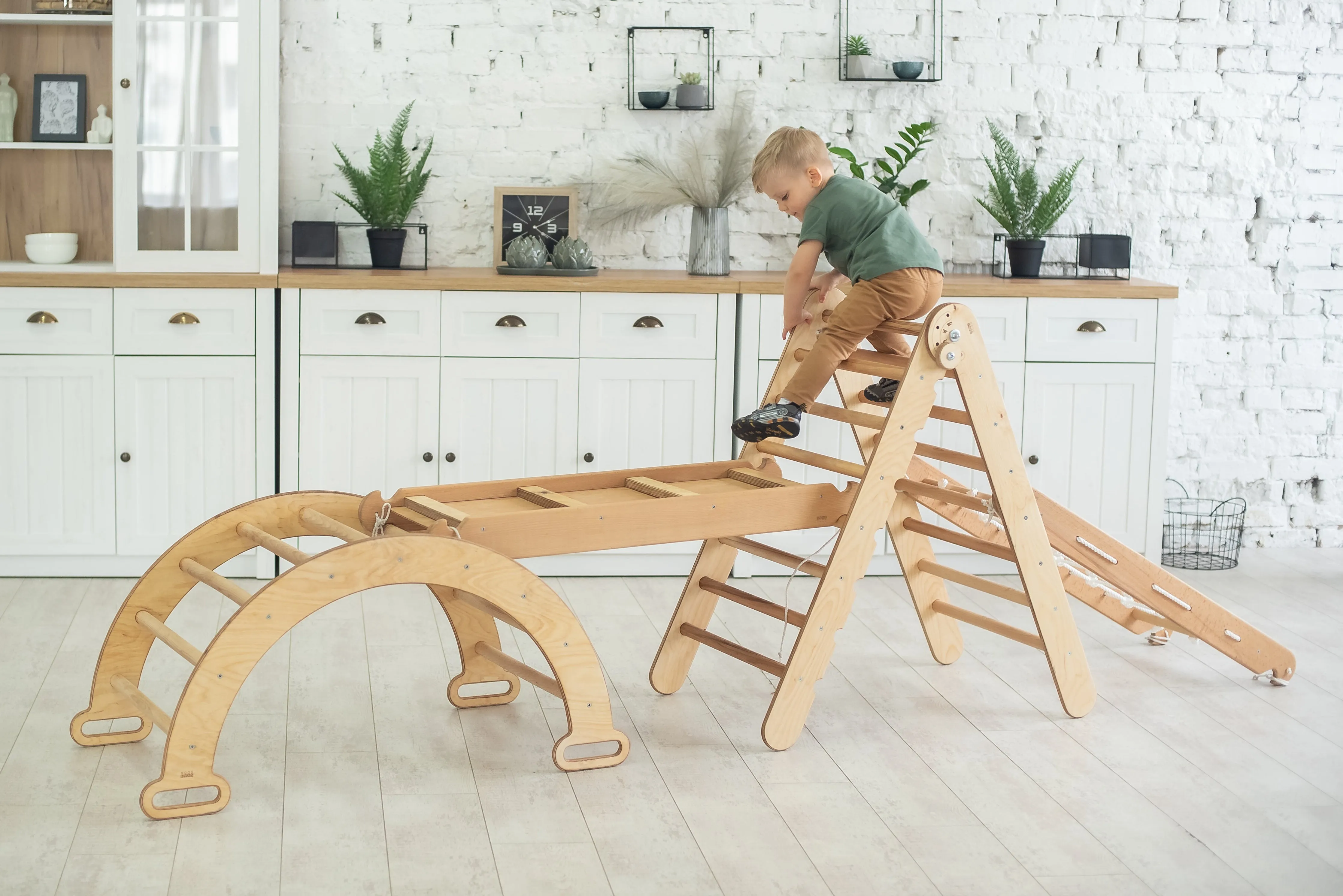 4in1 Montessori Climbing Frame Set: Triangle Ladder   Arch/Rocker   Slide Board/Ramp   Netting Rope