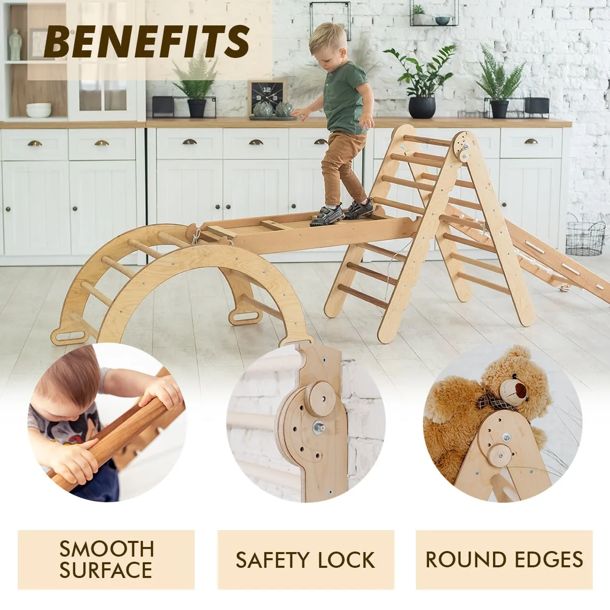 4in1 Montessori Climbing Frame Set: Triangle Ladder   Arch/Rocker   Slide Board/Ramp   Netting Rope