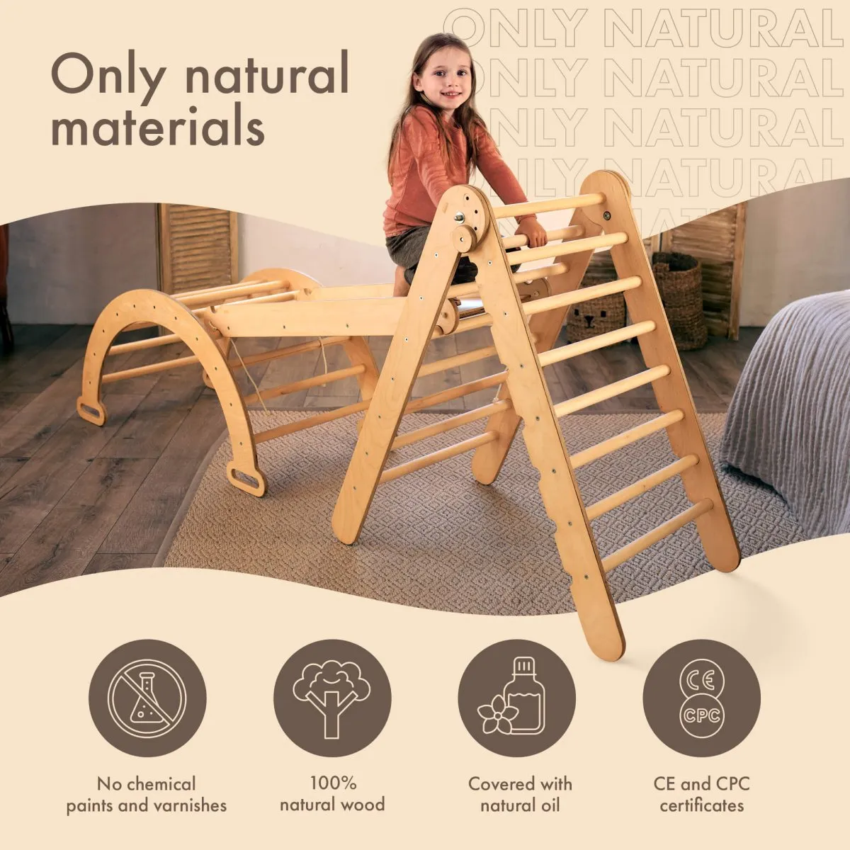 4in1 Montessori Climbing Frame Set: Triangle Ladder   Arch/Rocker   Slide Board/Ramp   Netting Rope