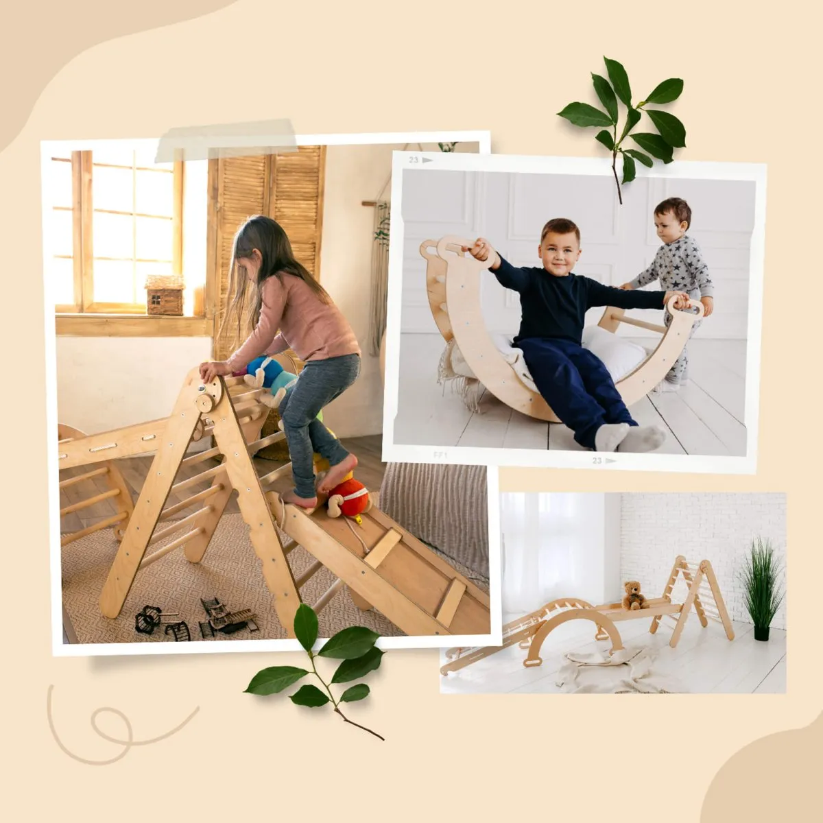 4in1 Montessori Climbing Frame Set: Triangle Ladder   Arch/Rocker   Slide Board/Ramp   Netting Rope