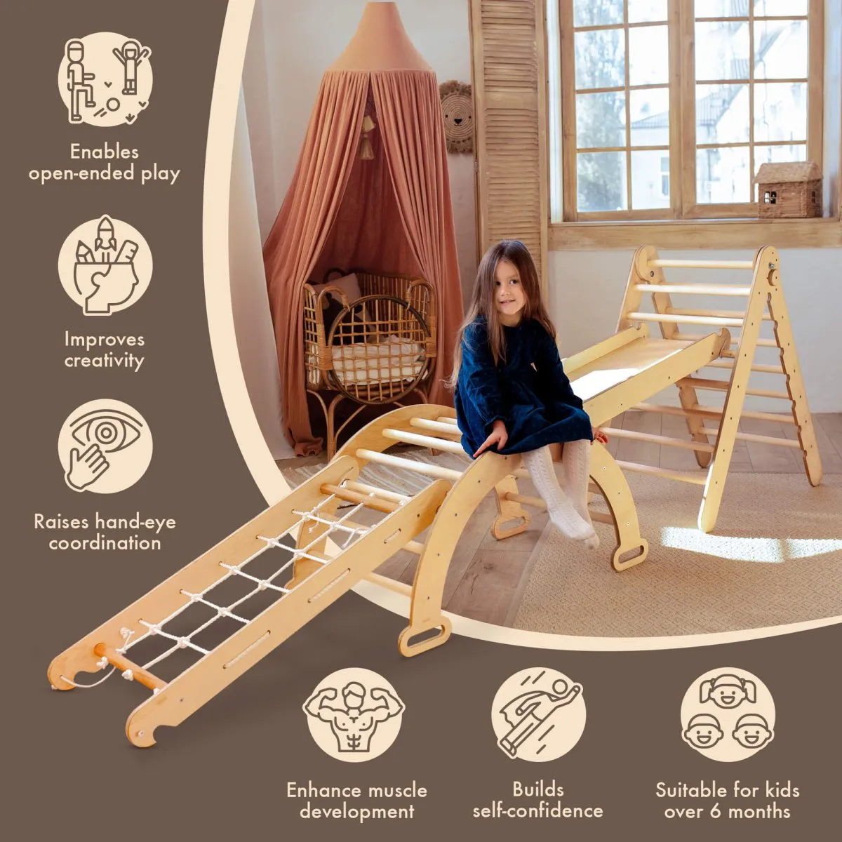 4in1 Montessori Climbing Frame Set: Triangle Ladder   Arch/Rocker   Slide Board/Ramp   Netting Rope