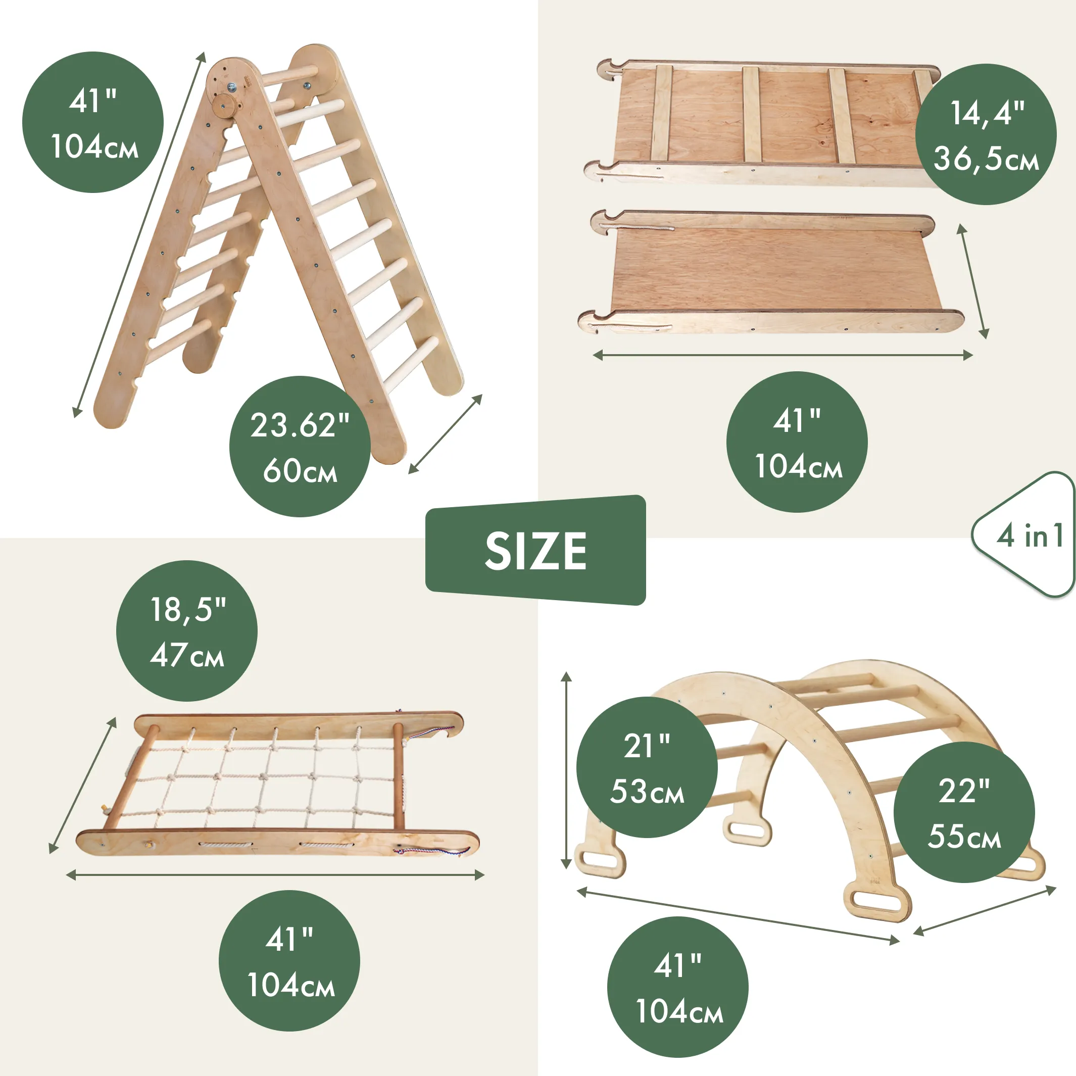 4in1 Montessori Climbing Frame Set: Triangle Ladder   Arch/Rocker   Slide Board/Ramp   Netting Rope