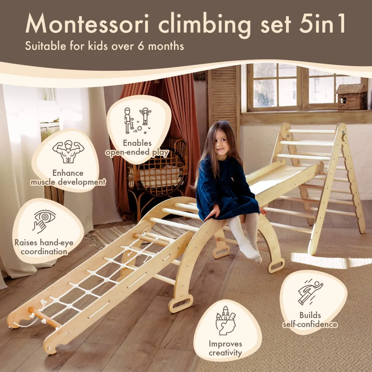 4in1 Montessori Climbing Frame Set: Triangle Ladder   Arch/Rocker   Slide Board/Ramp   Netting Rope