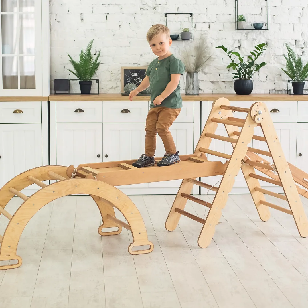 4in1 Montessori Climbing Frame Set: Triangle Ladder   Arch/Rocker   Slide Board/Ramp   Netting Rope