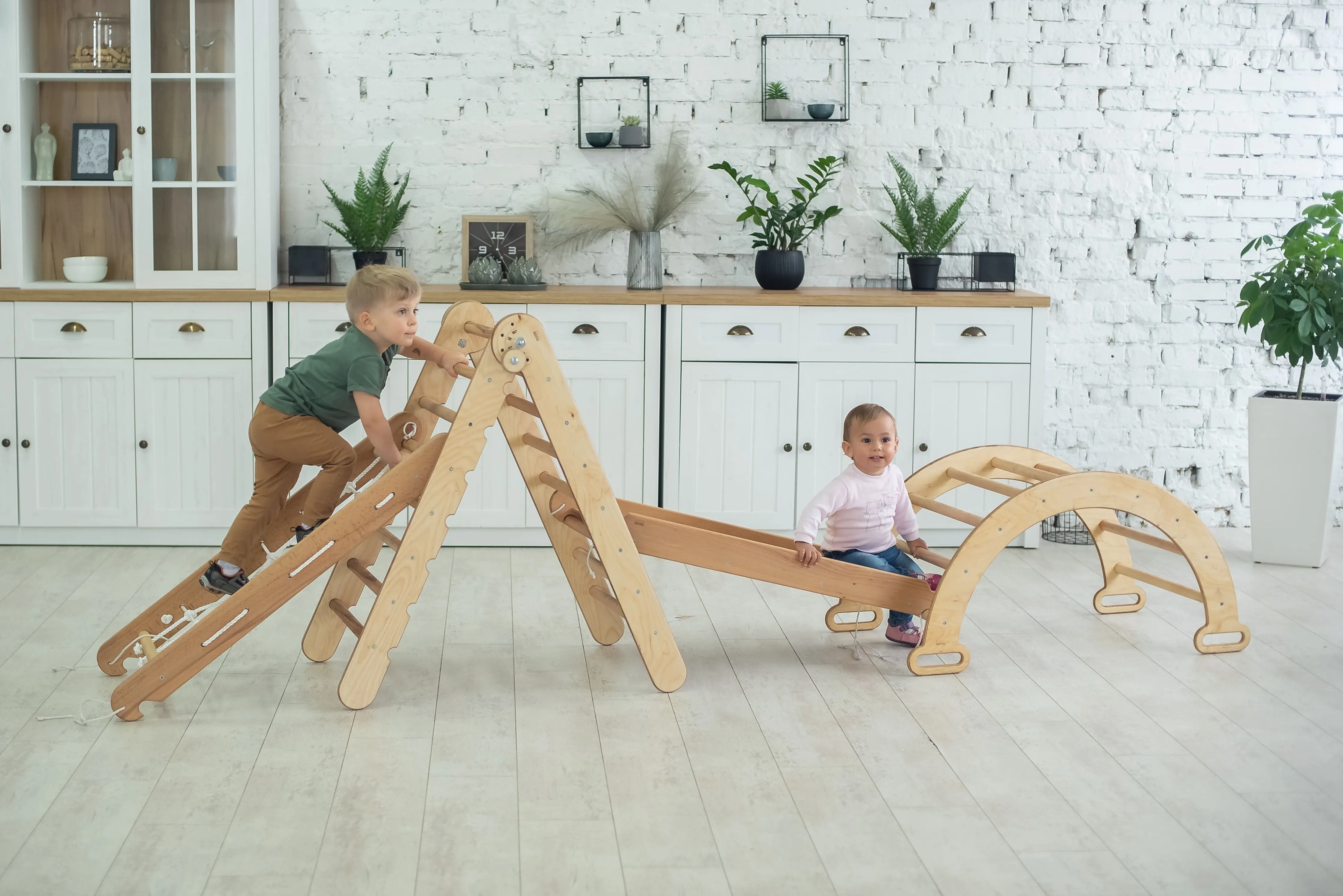 4in1 Montessori Climbing Frame Set: Triangle Ladder   Arch/Rocker   Slide Board/Ramp   Netting Rope