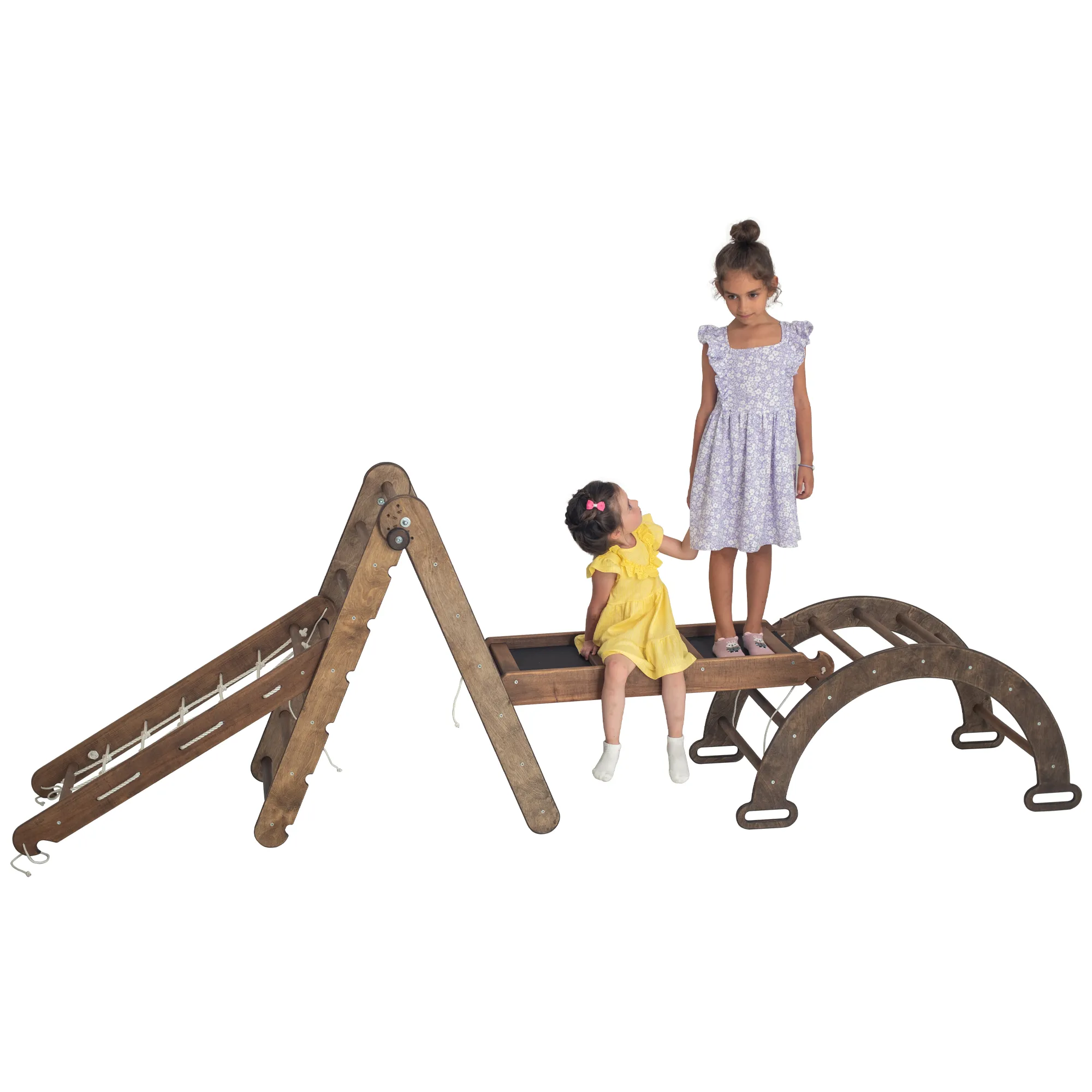 4in1 Montessori Climbing Frame Set: Triangle Ladder   Arch/Rocker   Slide Board/Ramp   Netting Rope