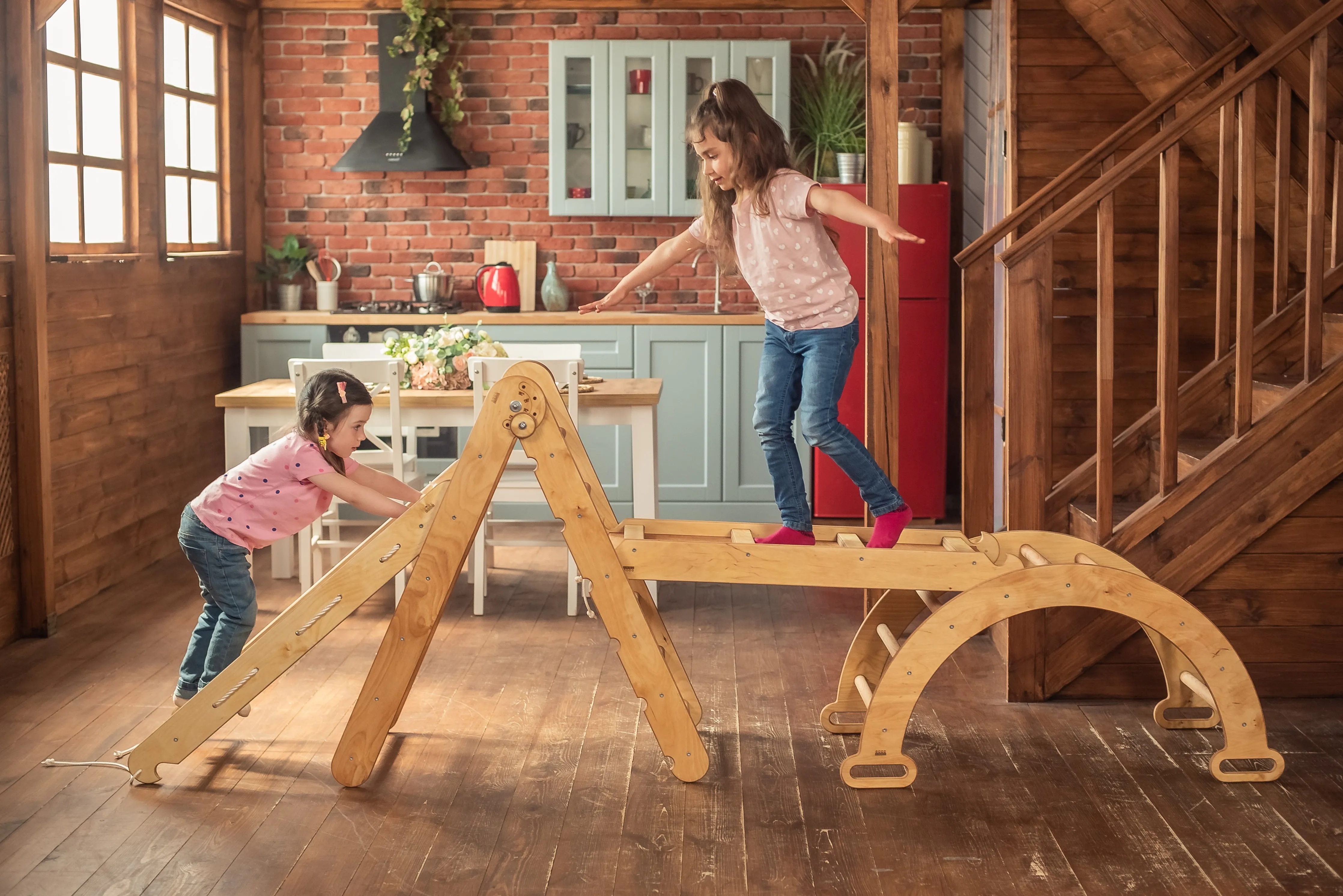 4in1 Montessori Climbing Frame Set: Triangle Ladder   Arch/Rocker   Slide Board/Ramp   Netting Rope