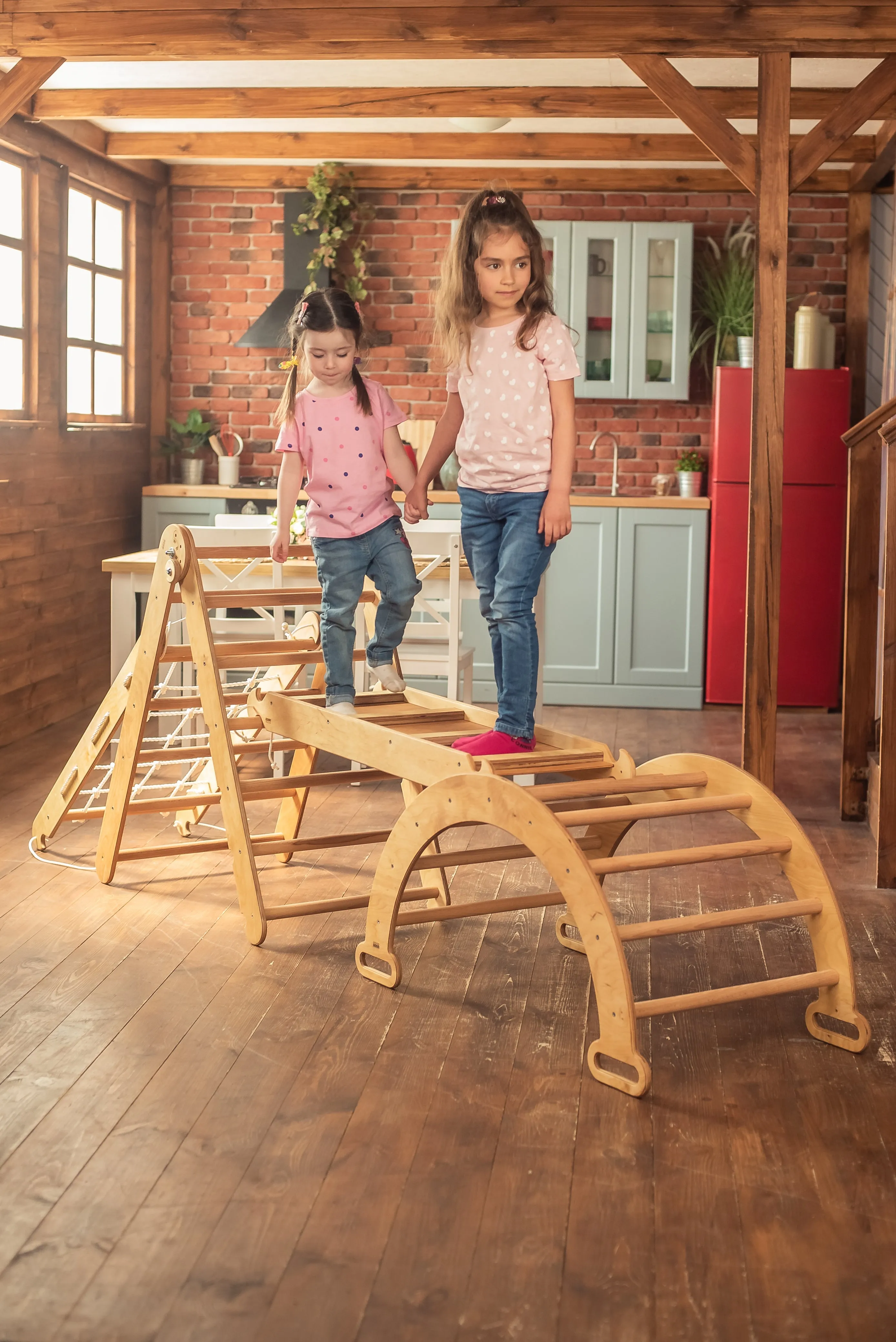 4in1 Montessori Climbing Frame Set: Triangle Ladder   Arch/Rocker   Slide Board/Ramp   Netting Rope