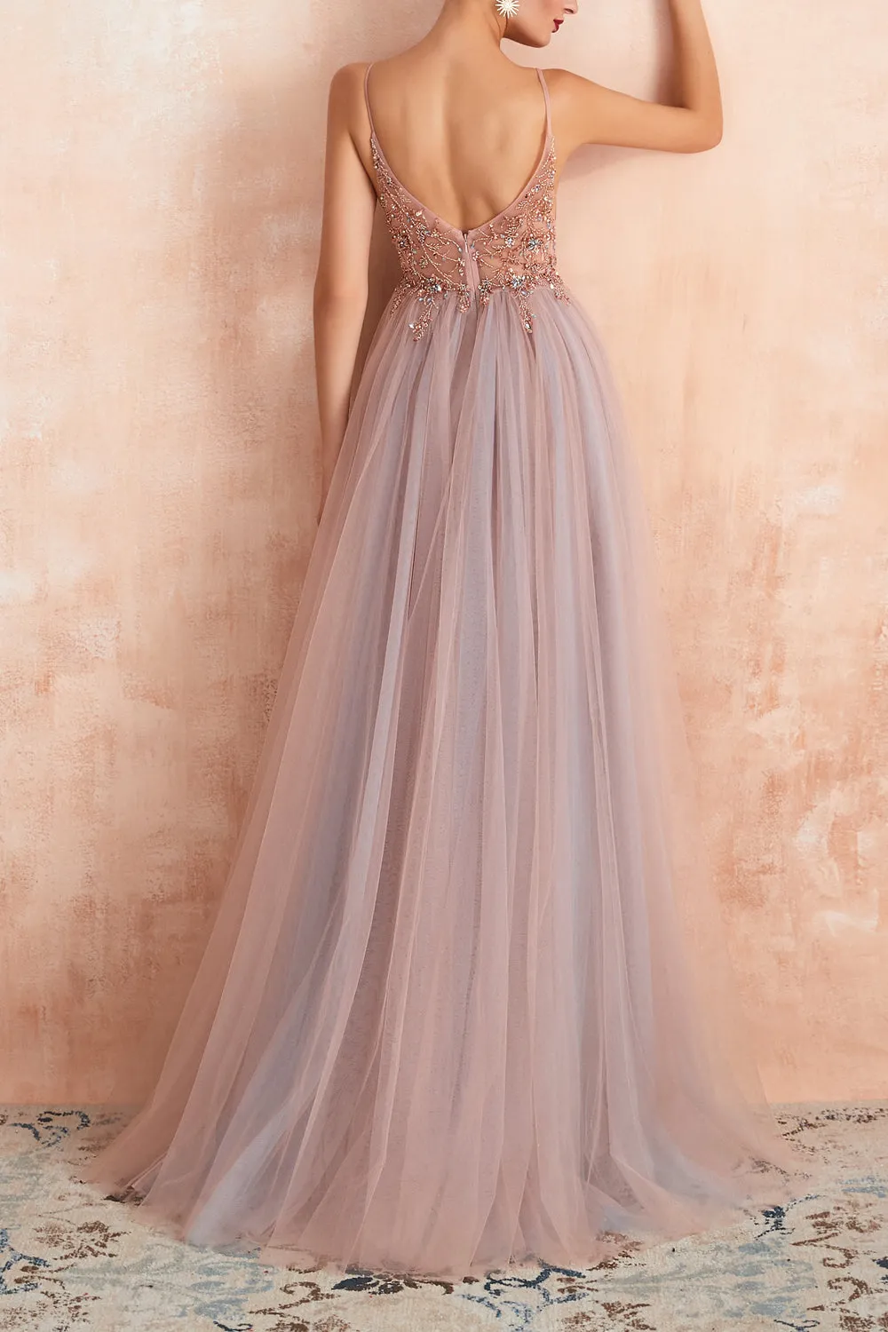 A Line Grey Pink V-neck Tulle Prom Dress with Slit