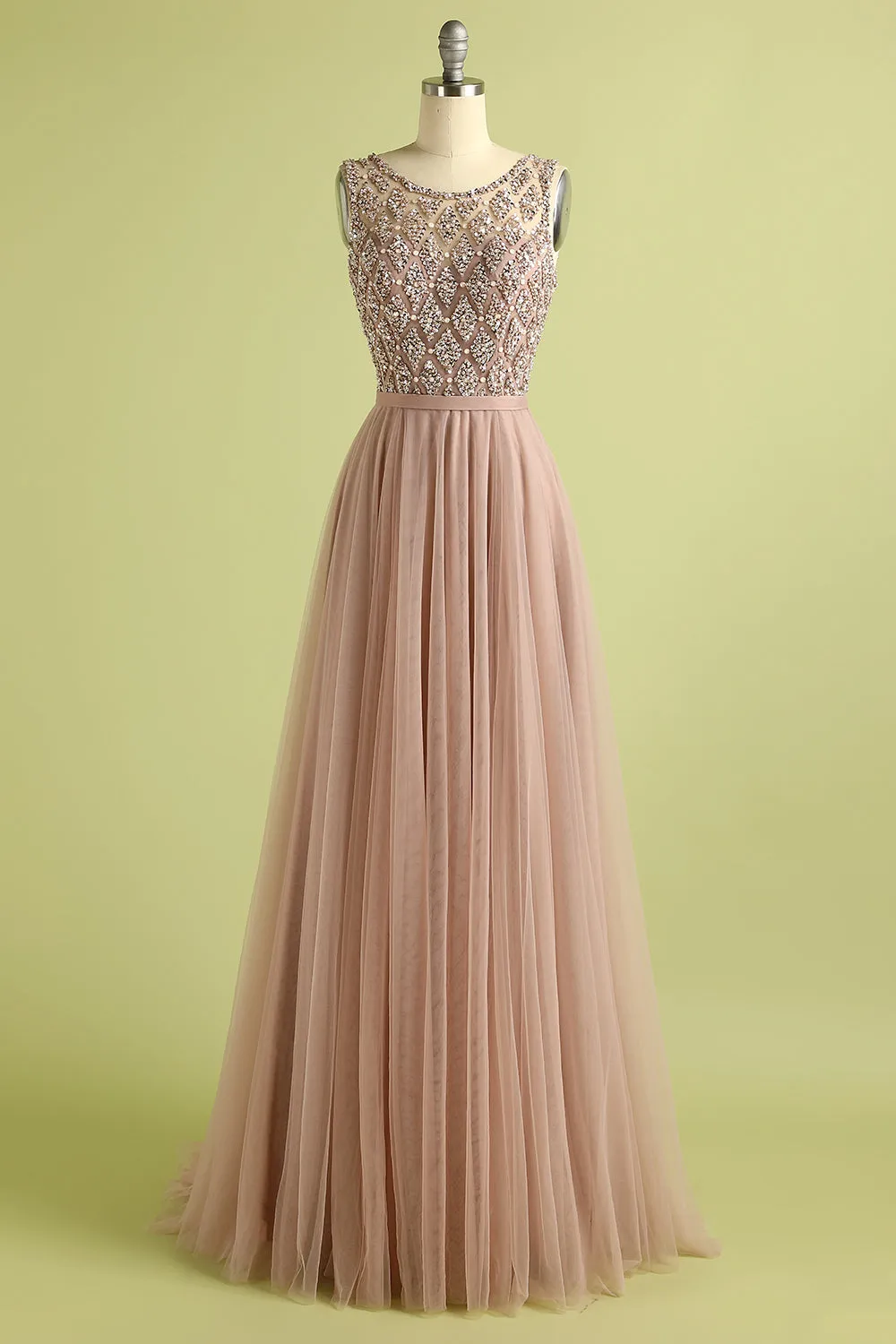 A Line Round Neck Blush Tulle Long Prom Dress with Beading