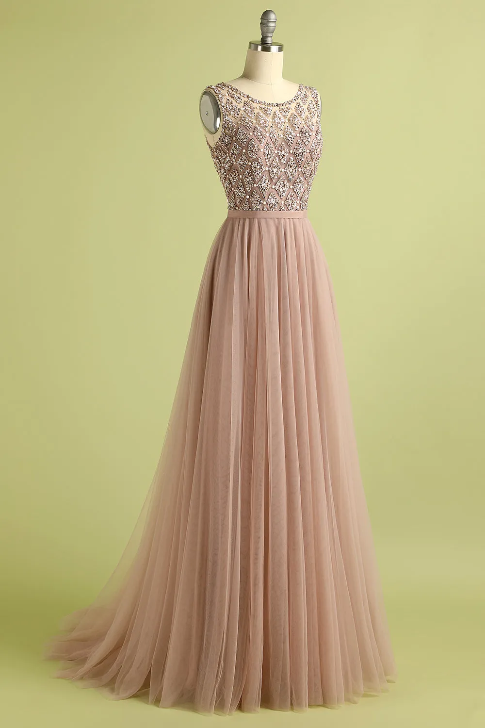 A Line Round Neck Blush Tulle Long Prom Dress with Beading