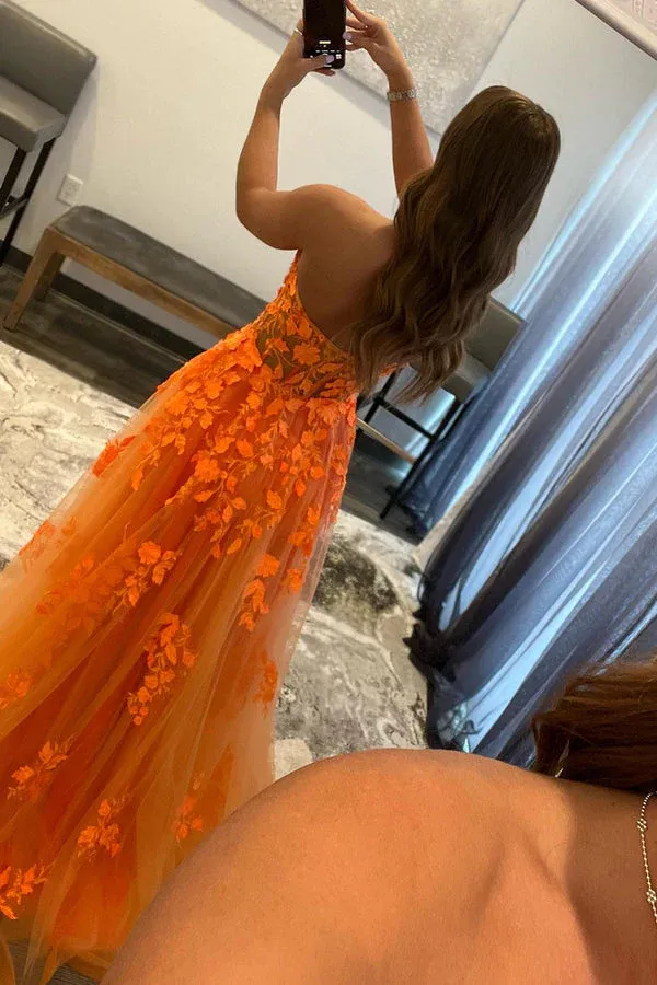 A-line Strapless Orange Lace Appliques Senior Prom Dress,DS5000