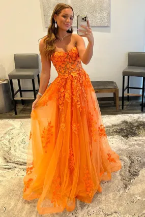 A-line Strapless Orange Lace Appliques Senior Prom Dress,DS5000