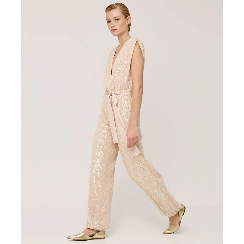 Access Fashion Champagne Coloured Wrap Sequin Jumpsuit