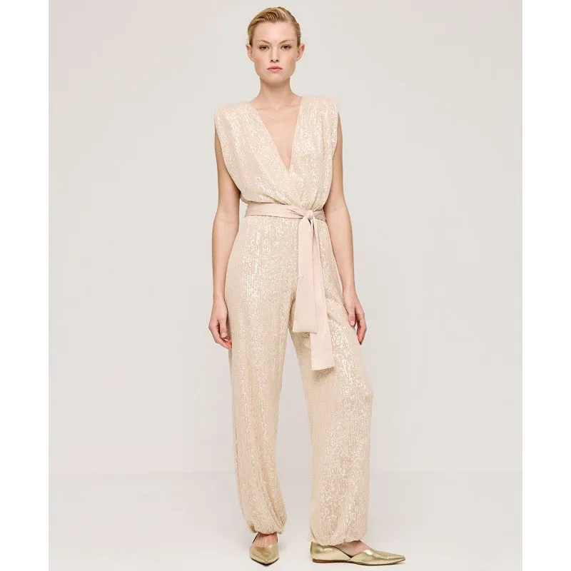 Access Fashion Champagne Coloured Wrap Sequin Jumpsuit