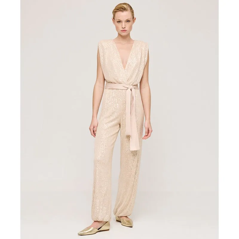 Access Fashion Champagne Coloured Wrap Sequin Jumpsuit