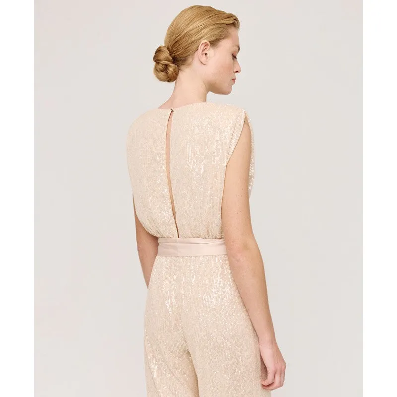 Access Fashion Champagne Coloured Wrap Sequin Jumpsuit