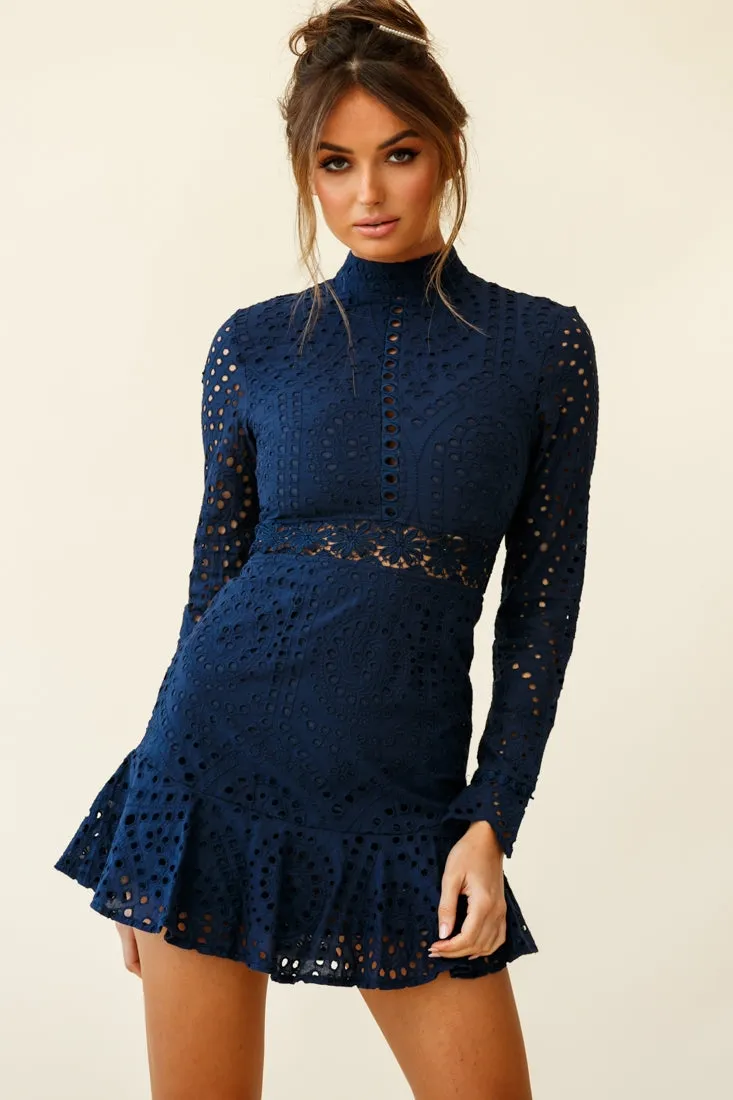 Anglaise Embroidered Long Sleeve Turtleneck Dress Navy