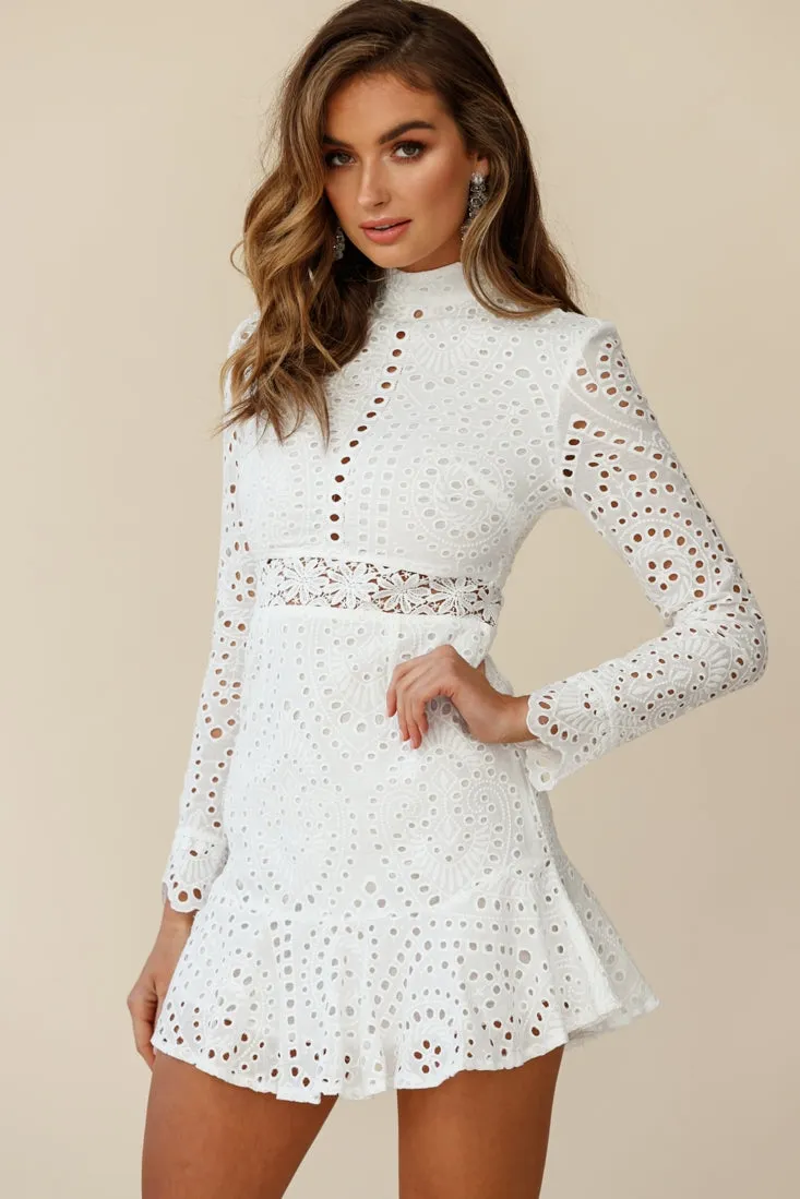 Anglaise Embroidered Long Sleeve Turtleneck Dress White