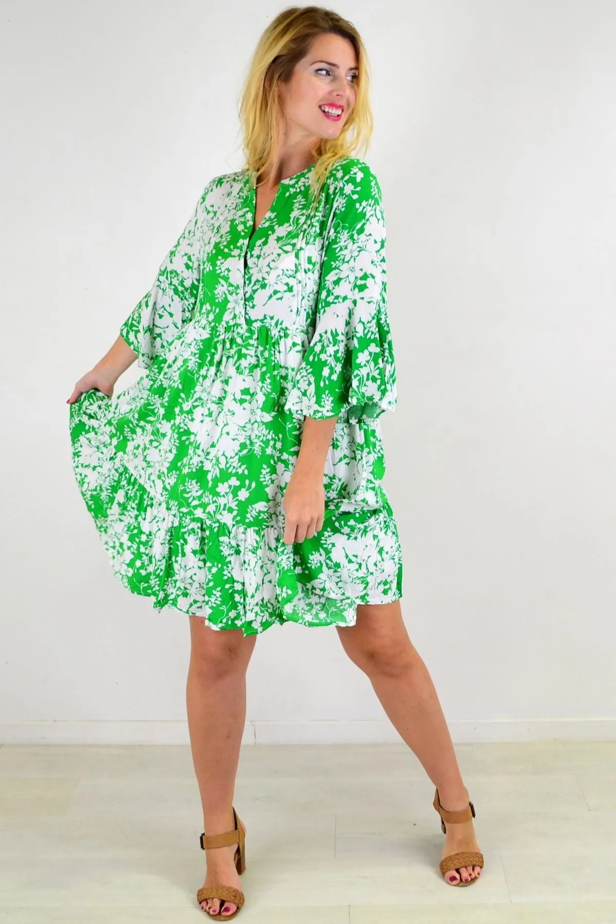 Apple Green Sweet Citrus Frill Sleeve Tunic Dress