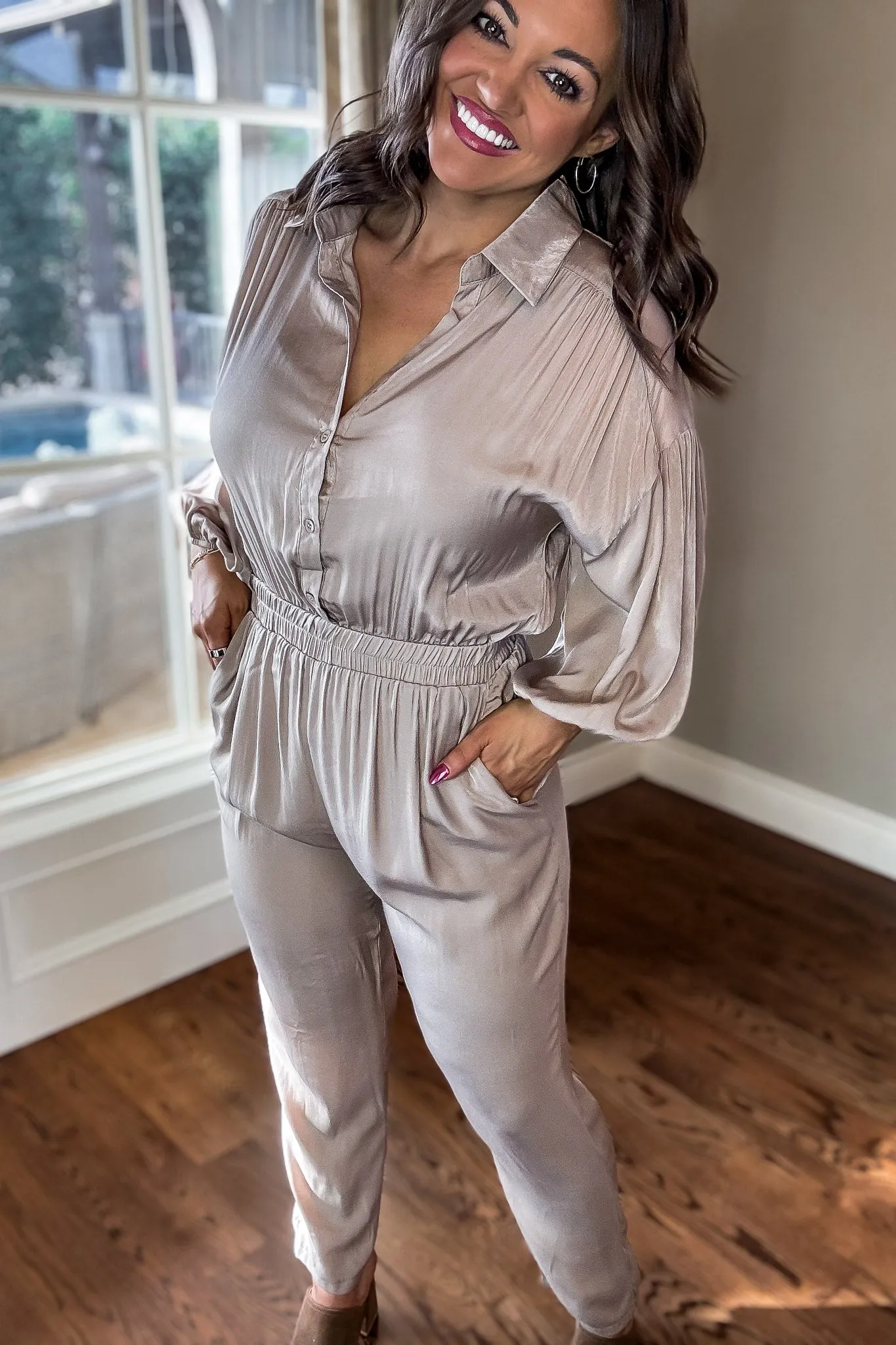 Ash Latte Collared Button up Jumpsuit