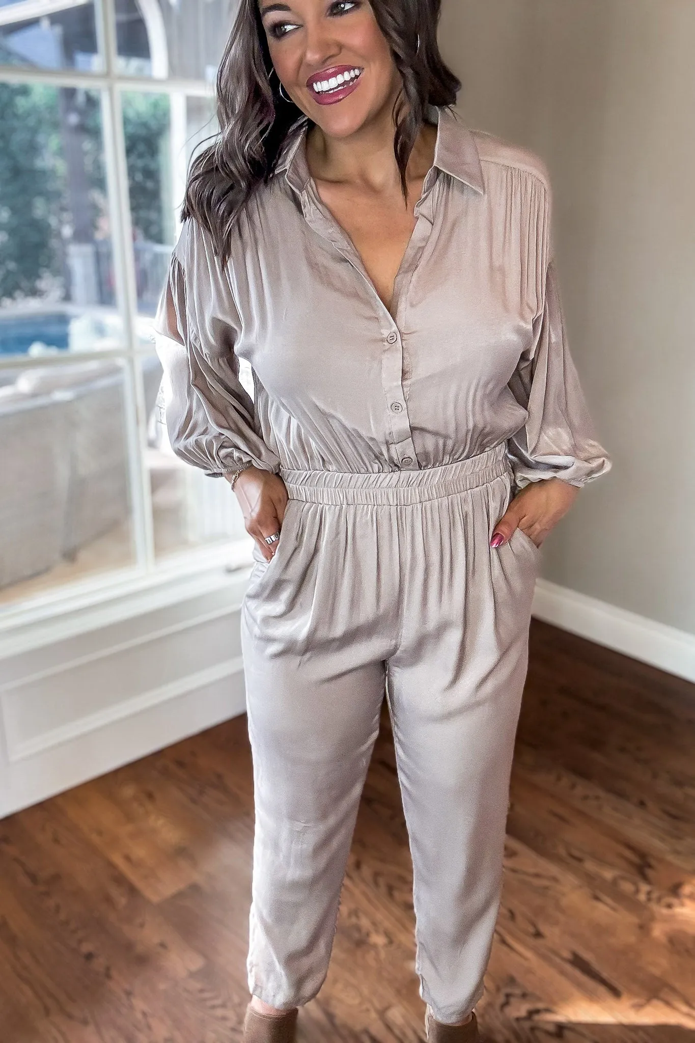 Ash Latte Collared Button up Jumpsuit