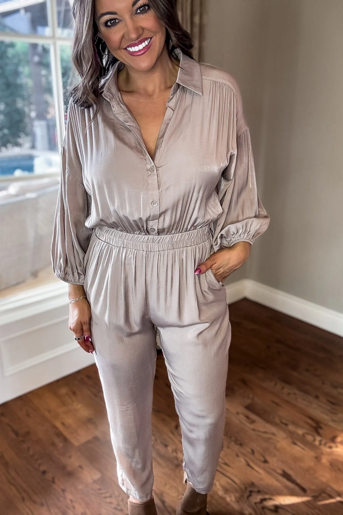 Ash Latte Collared Button up Jumpsuit