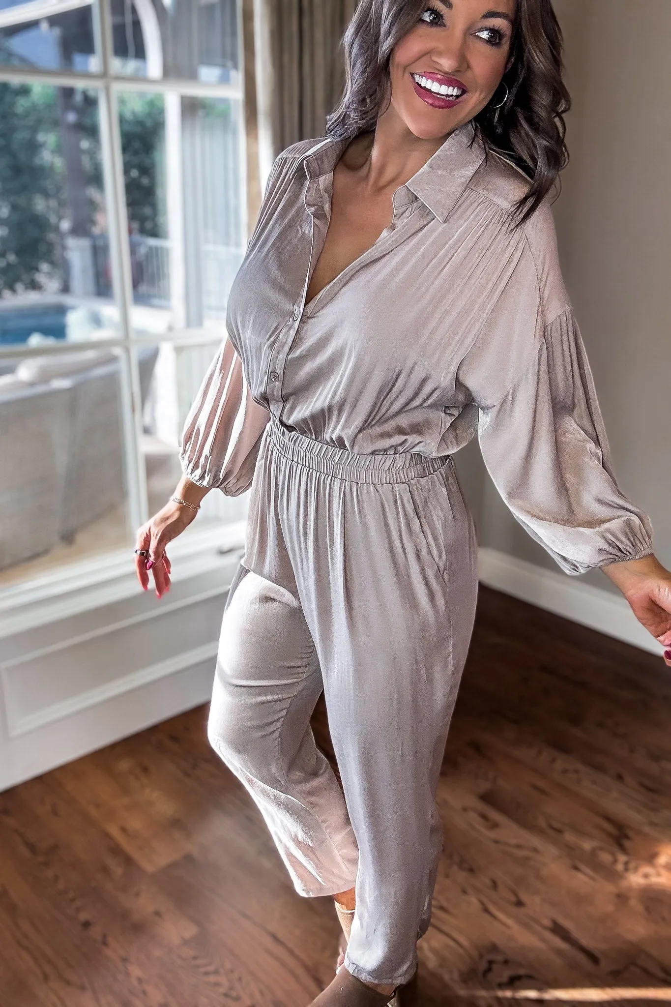 Ash Latte Collared Button up Jumpsuit