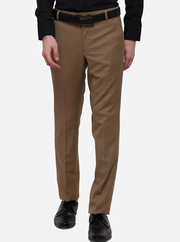 Beige Solid Slim Fit Formal Trouser | Metal