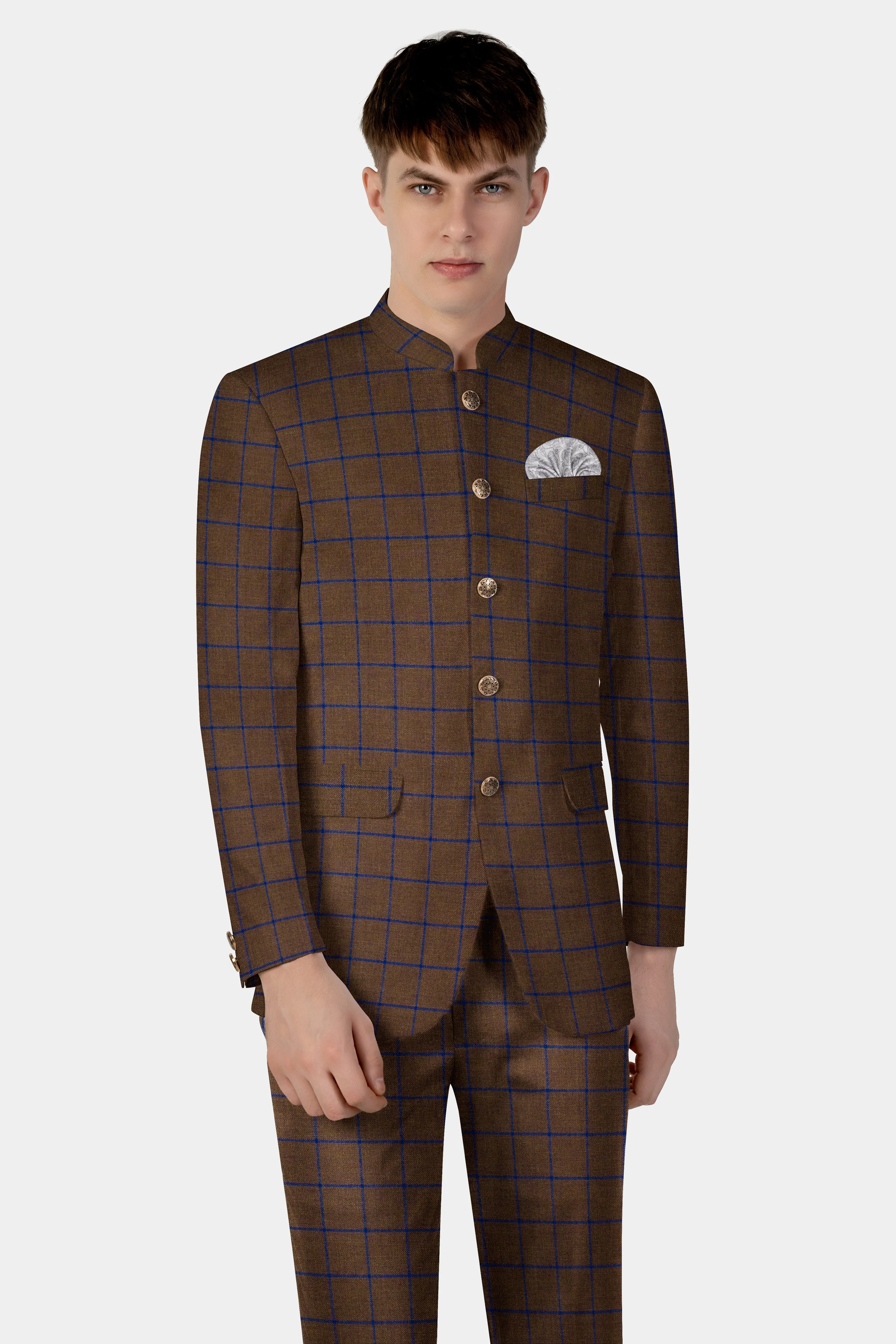 Bistre Brown with Catalina Blue Windowpane Bandhgala Tweed Blazer