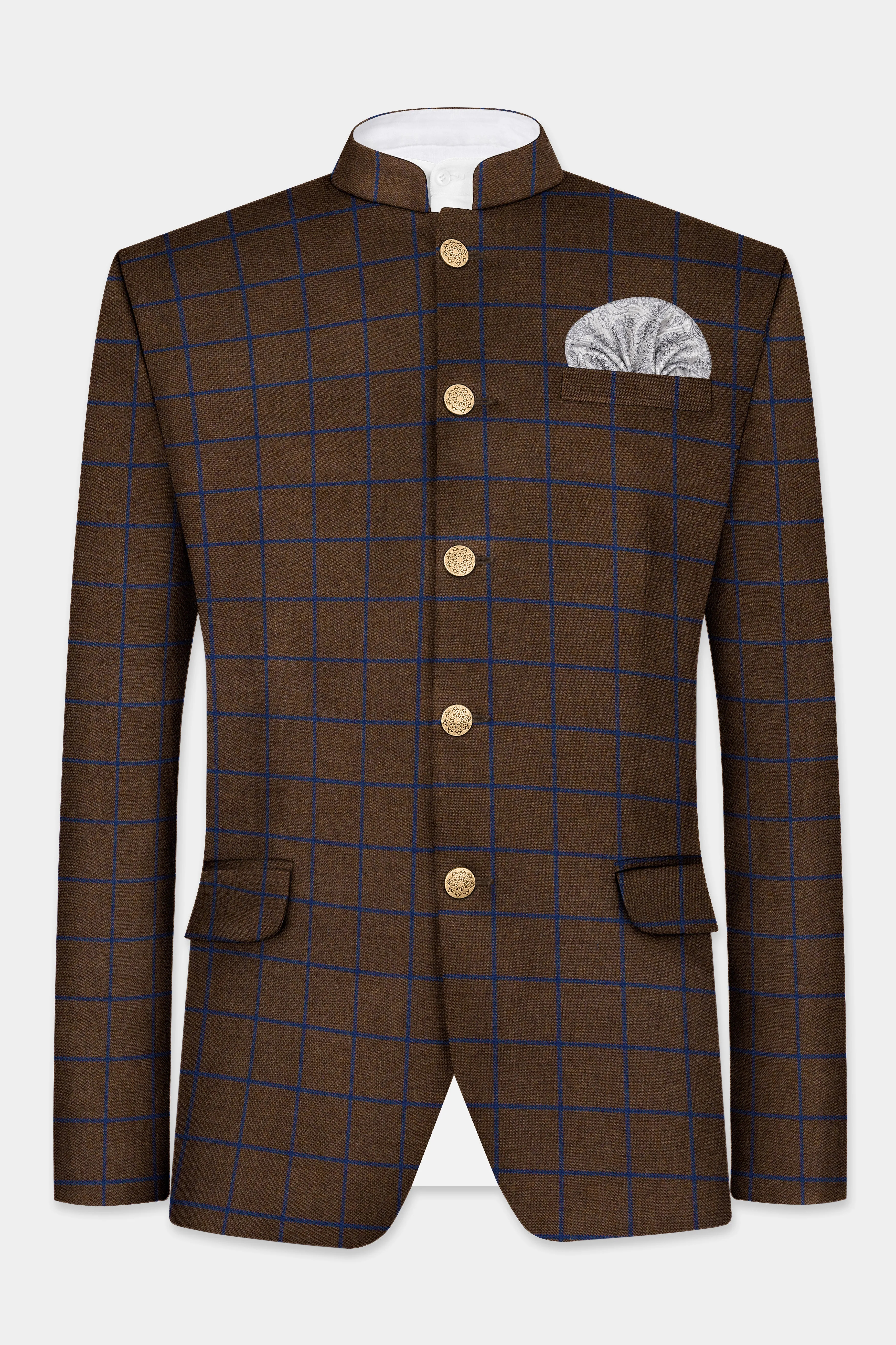 Bistre Brown with Catalina Blue Windowpane Bandhgala Tweed Blazer