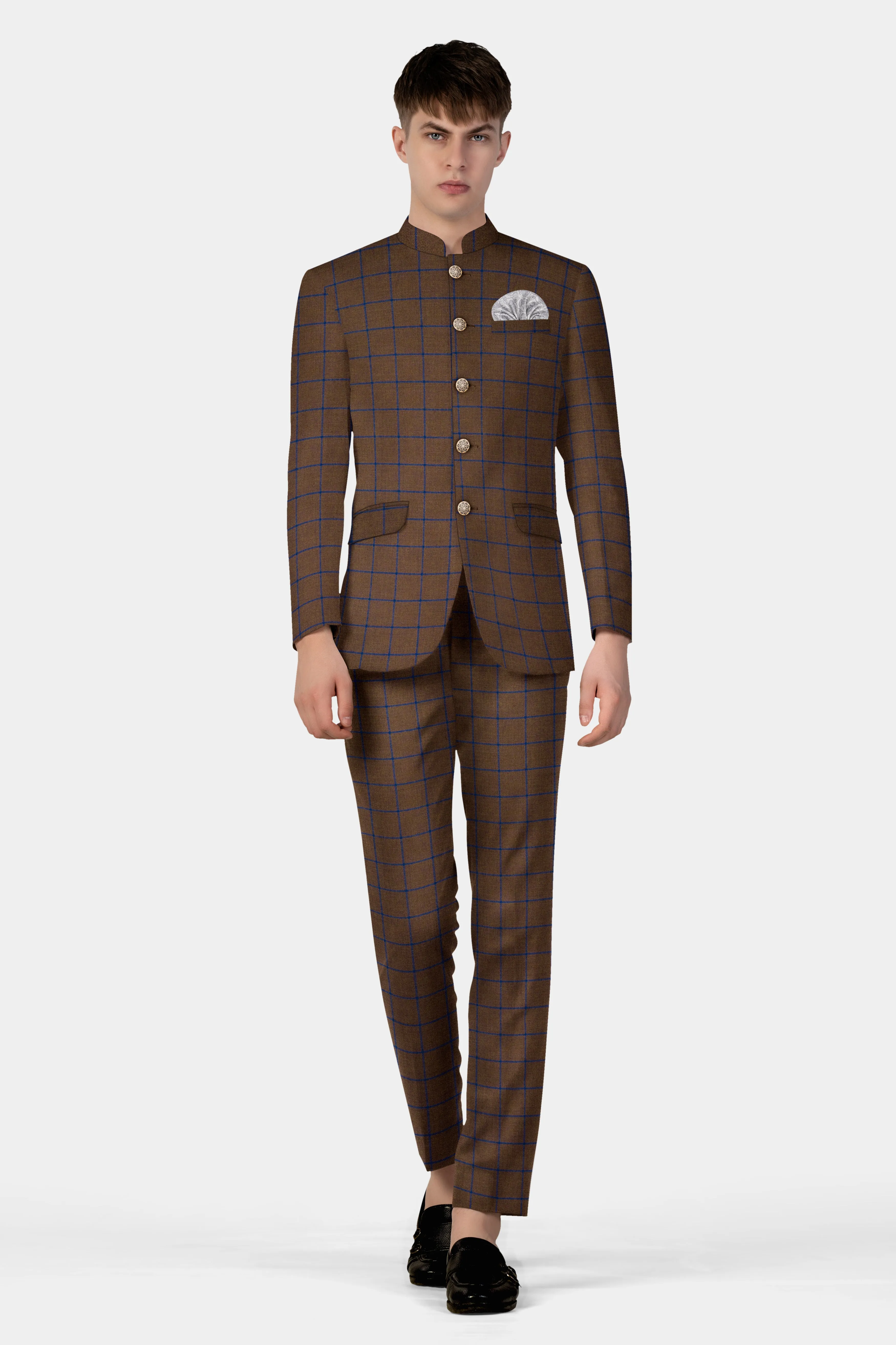 Bistre Brown with Catalina Blue Windowpane Bandhgala Tweed Blazer