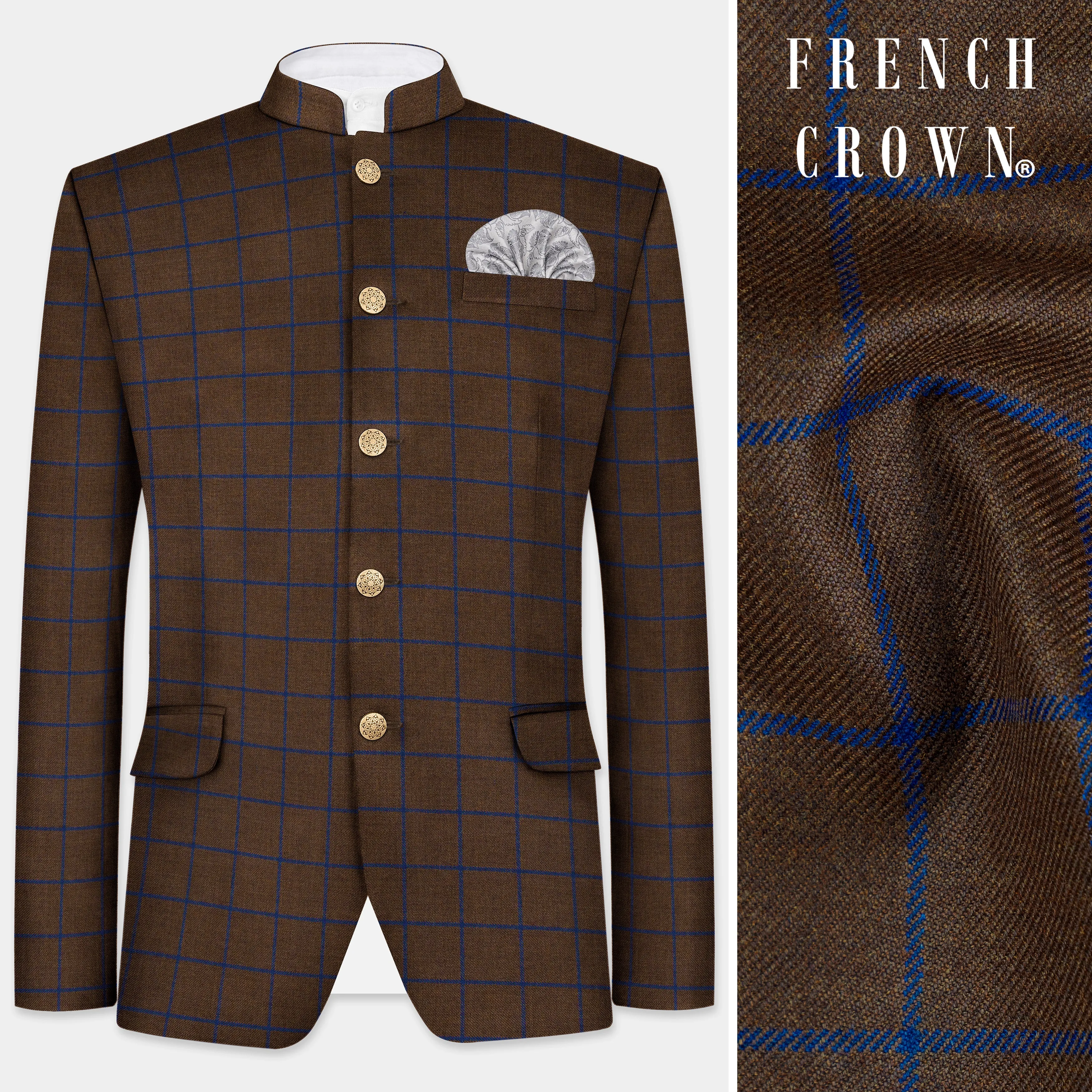 Bistre Brown with Catalina Blue Windowpane Bandhgala Tweed Blazer