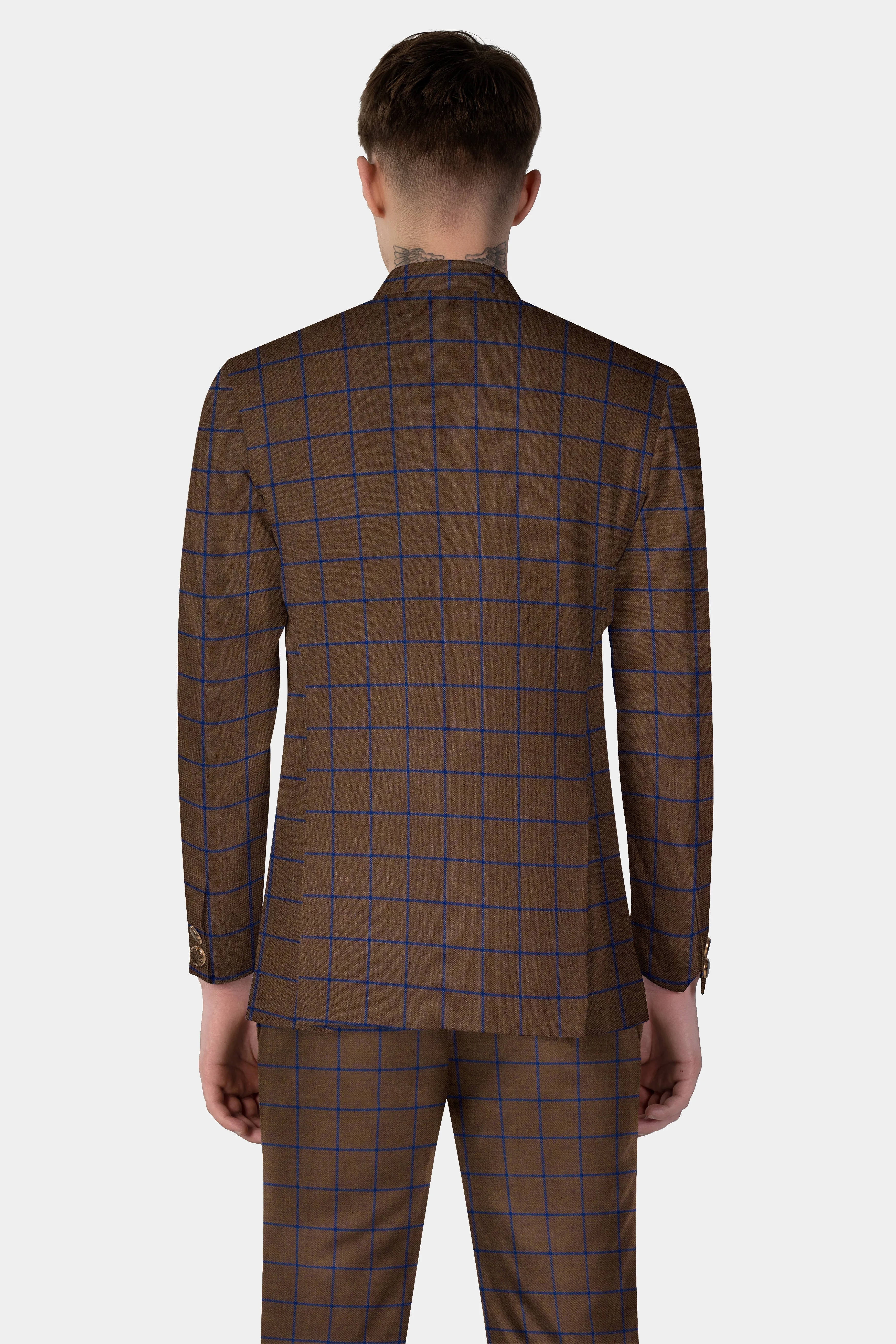 Bistre Brown with Catalina Blue Windowpane Bandhgala Tweed Blazer