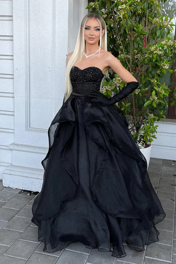 Black A-Line Sweetheart Long Prom Dress with Beading,DP848