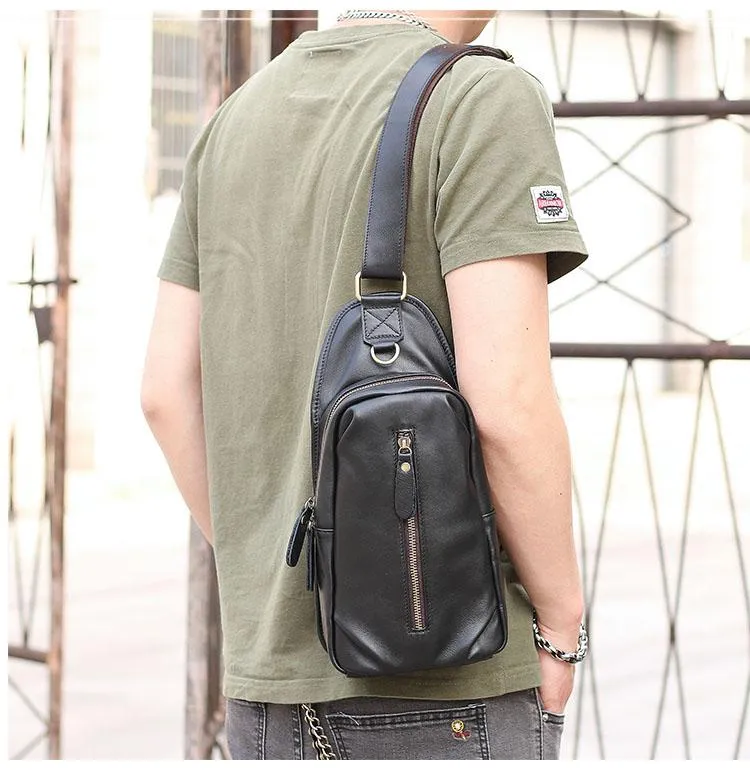 Black Cool Leather Mens Sling Bag Chest Bag Black One Shoulder Backpack For Men