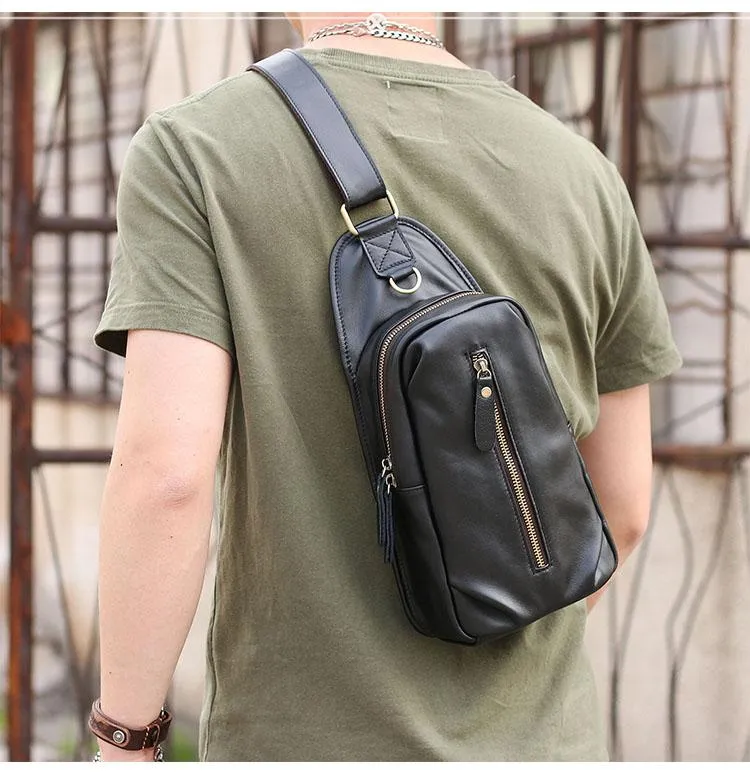 Black Cool Leather Mens Sling Bag Chest Bag Black One Shoulder Backpack For Men