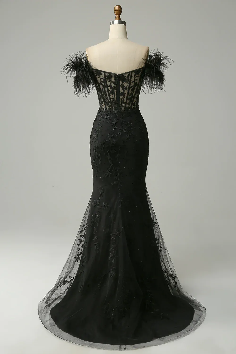 Black Off Shoulder Mermaid Long Prom Dress with Feathers,DP1532